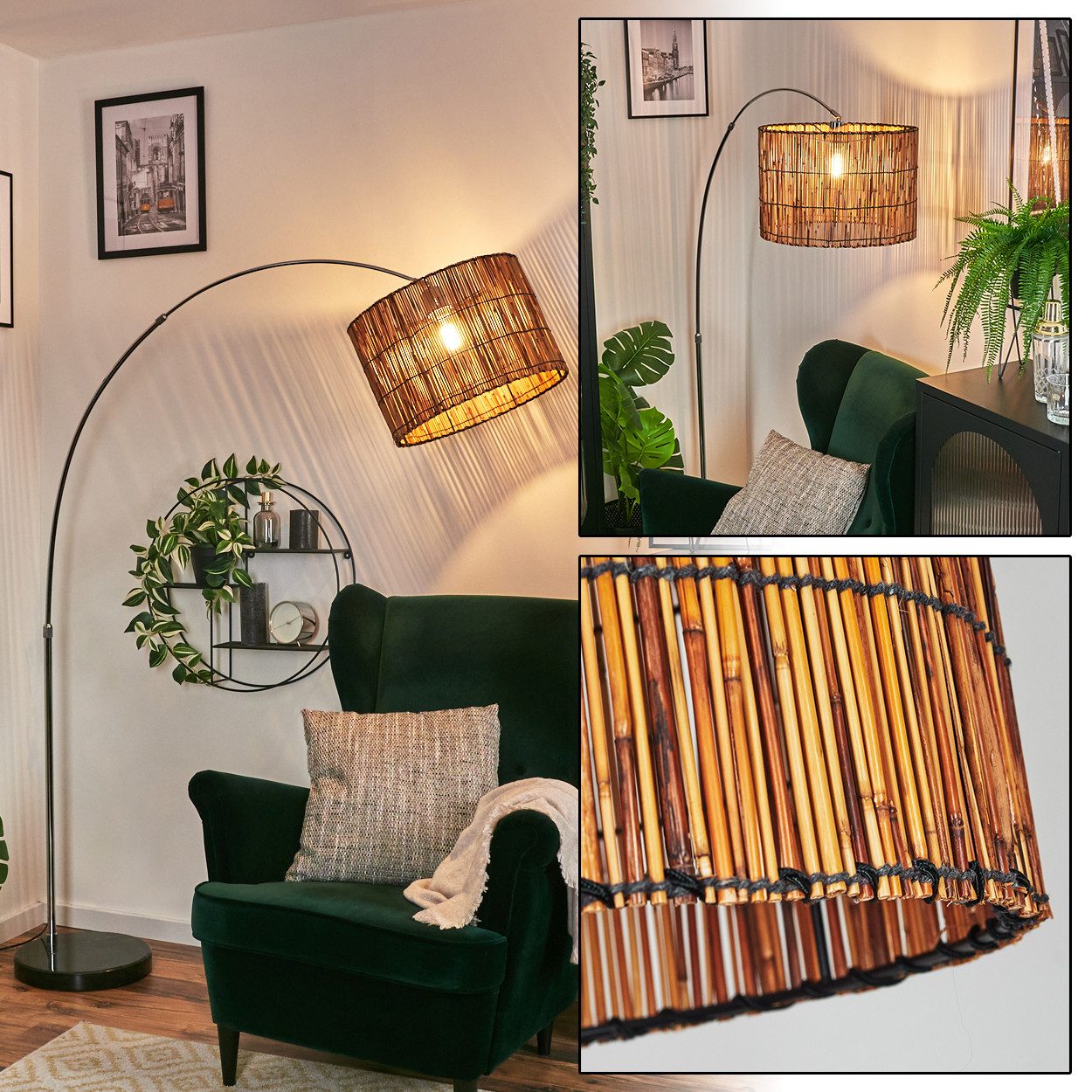 hofstein Bogenlampe Stehlampe aus Metall/Bambus in Schwarz/Chrom-/Naturfarben, verstellbare Stehleuchte mit Marmorfuß und Fußschalter, E27