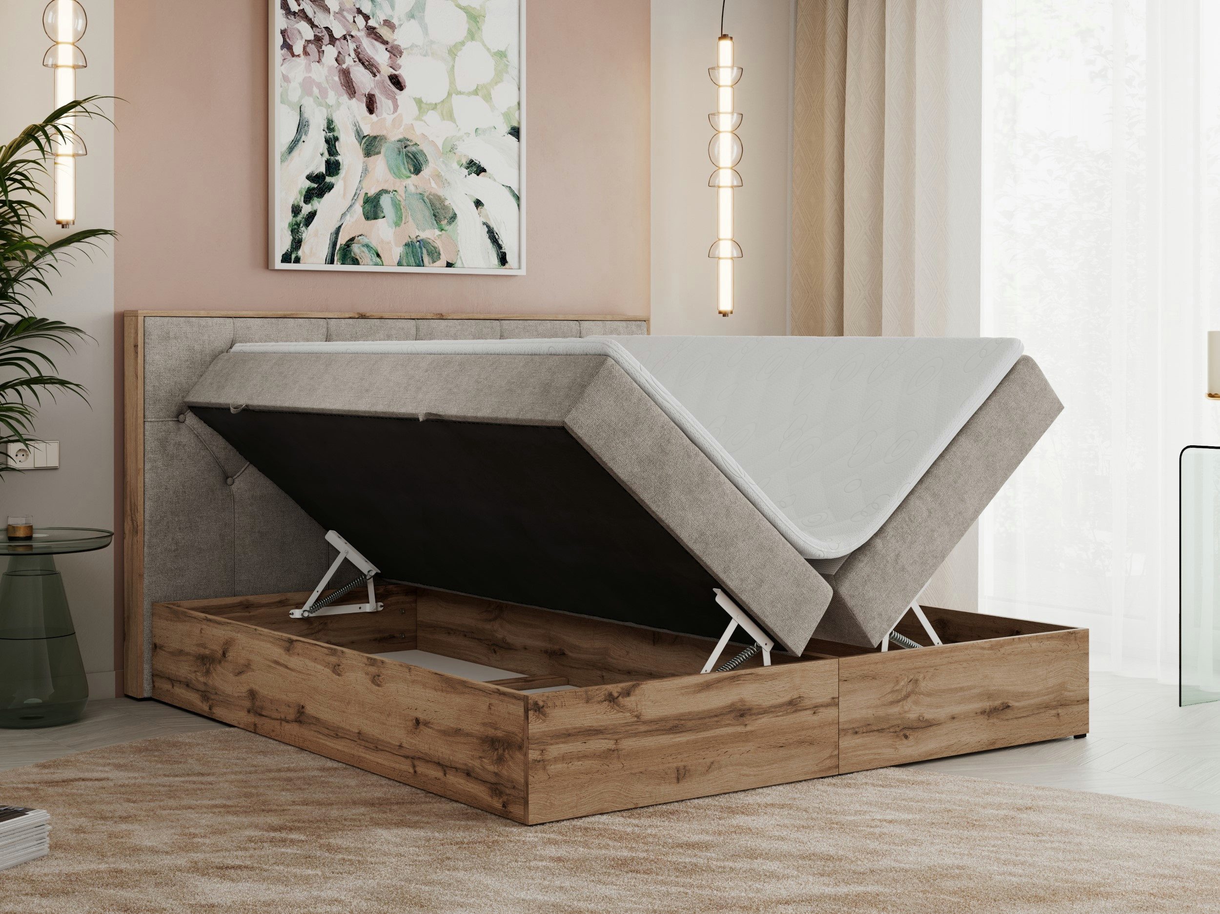 MKS MÖBEL Boxspringbett VENETO (Polsterbett, zwei Bettkästen, Topper T25/Visco, T30-Schaum), Multipocket Matratzen, Rahmen des Bettes in Eichen-Optik