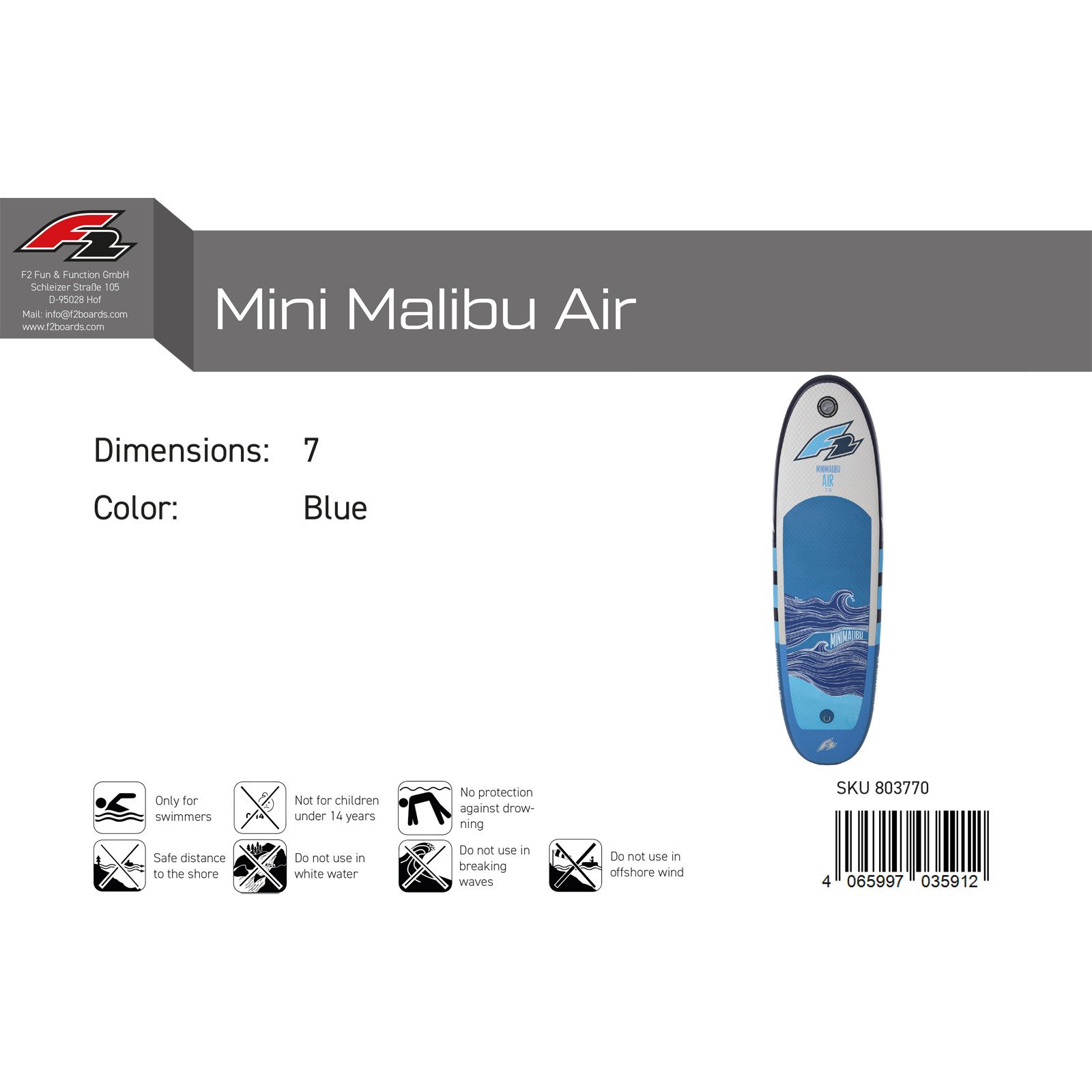 F2 Wellenreiter F2 Inflatable Surf Board Mini Malibu Air 7 Blau 2024/25, Surfbrett