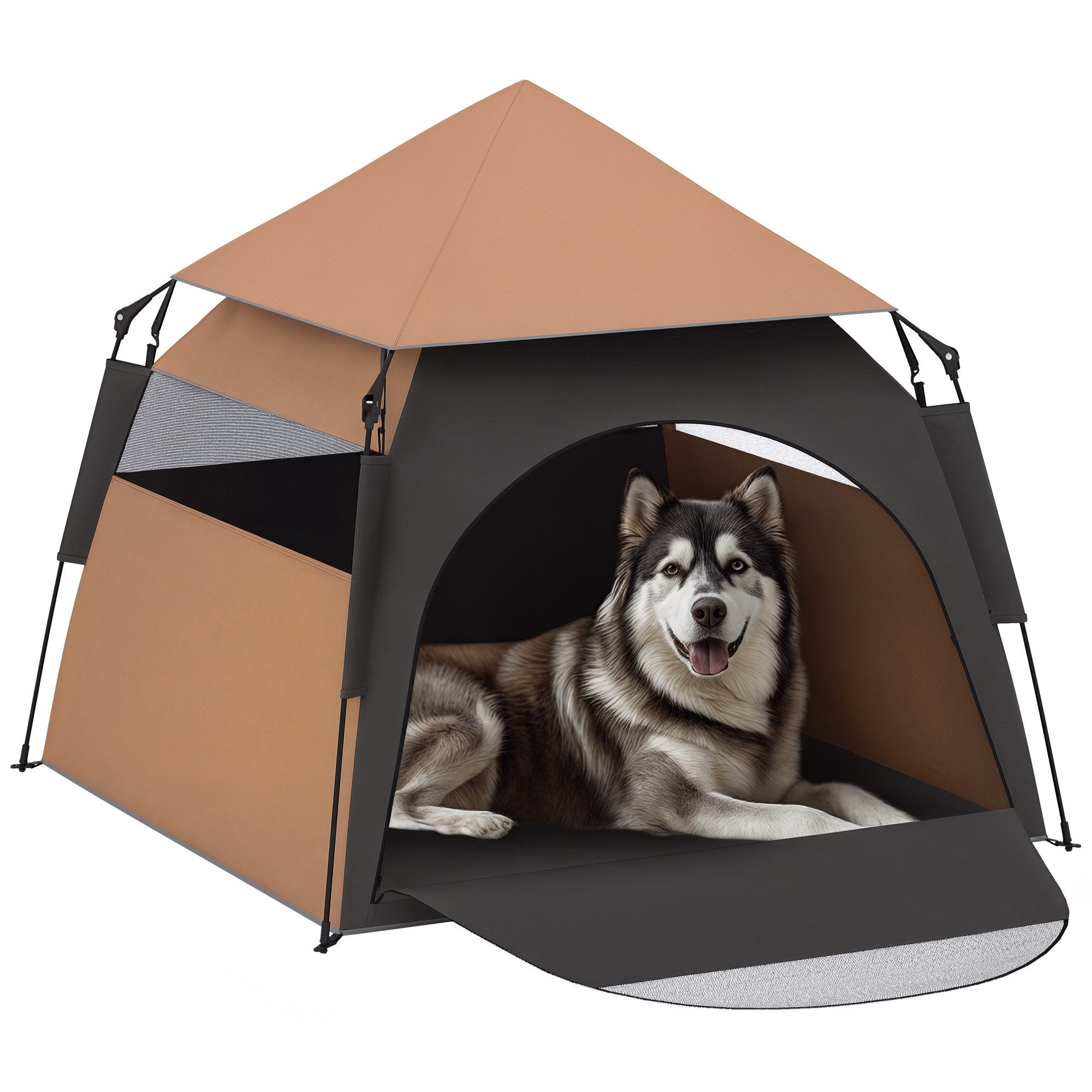PawHut Hundehütte Haustierzelt, Hundezelt, Katzenhaus im Freien, mit Meshfenster, Tragetasche, Sonnendach, für Hinterhof, Braun