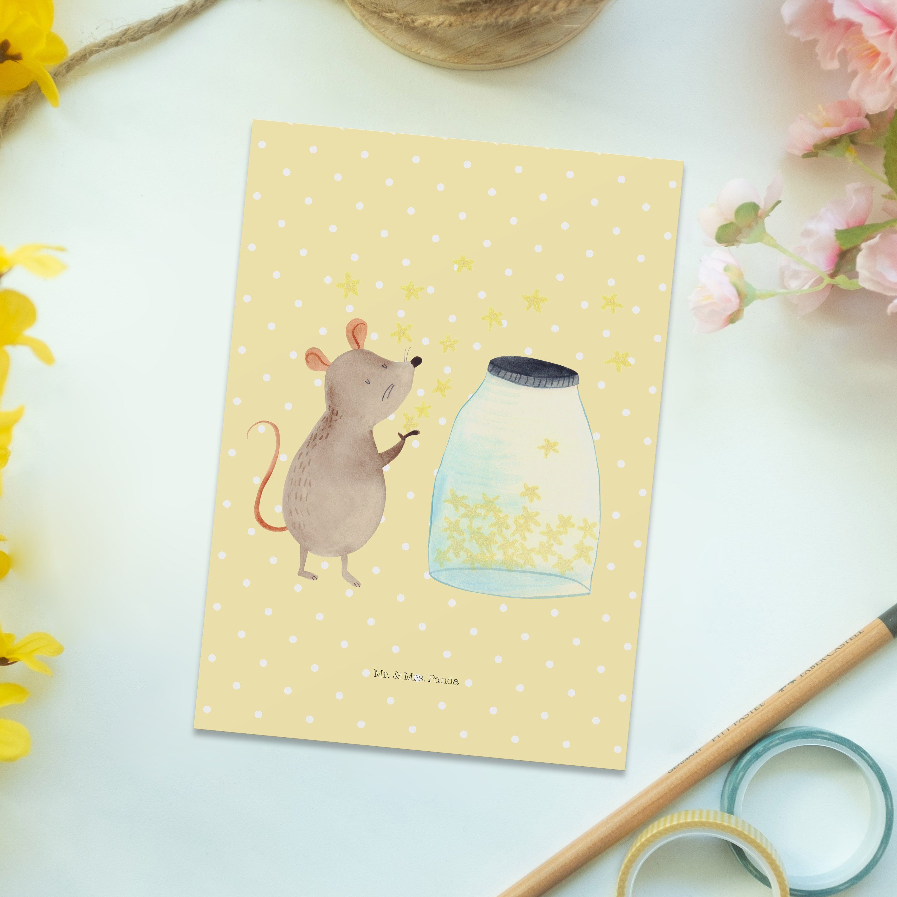 Mr. & - Dank Wunsch, Maus Pastell Gelb Tiere, - Postkarte Mrs. Sterne Panda Einladung, Geschenk