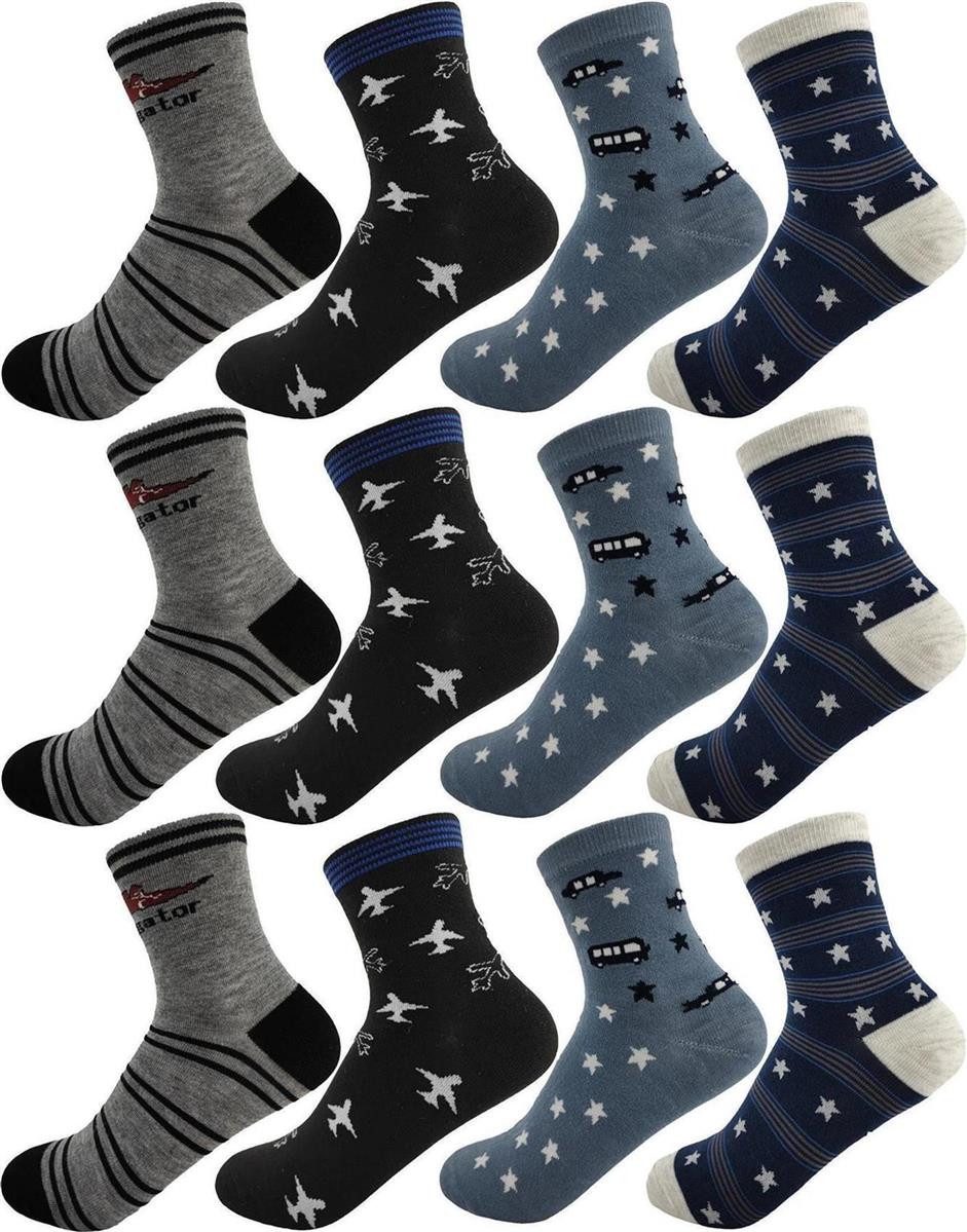 Socken 12 Paar Kinder Socken Jungen & Mädchen mit Muster Baumwolle, 23-26