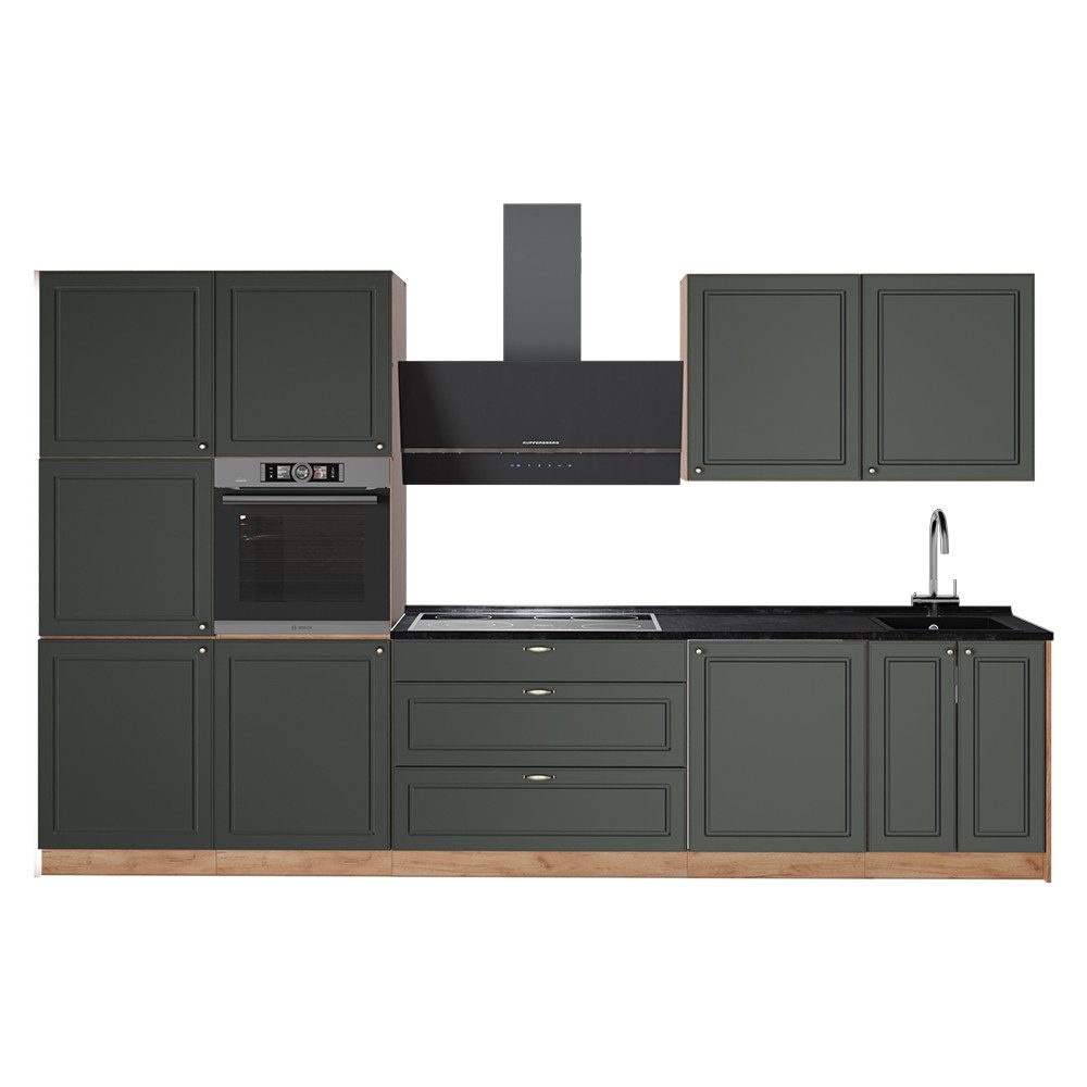 Vicco Küchenzeile Fame-Line, Grün-Gold Landhaus/Goldkraft Eiche, 340 cm, AP Anthrazit