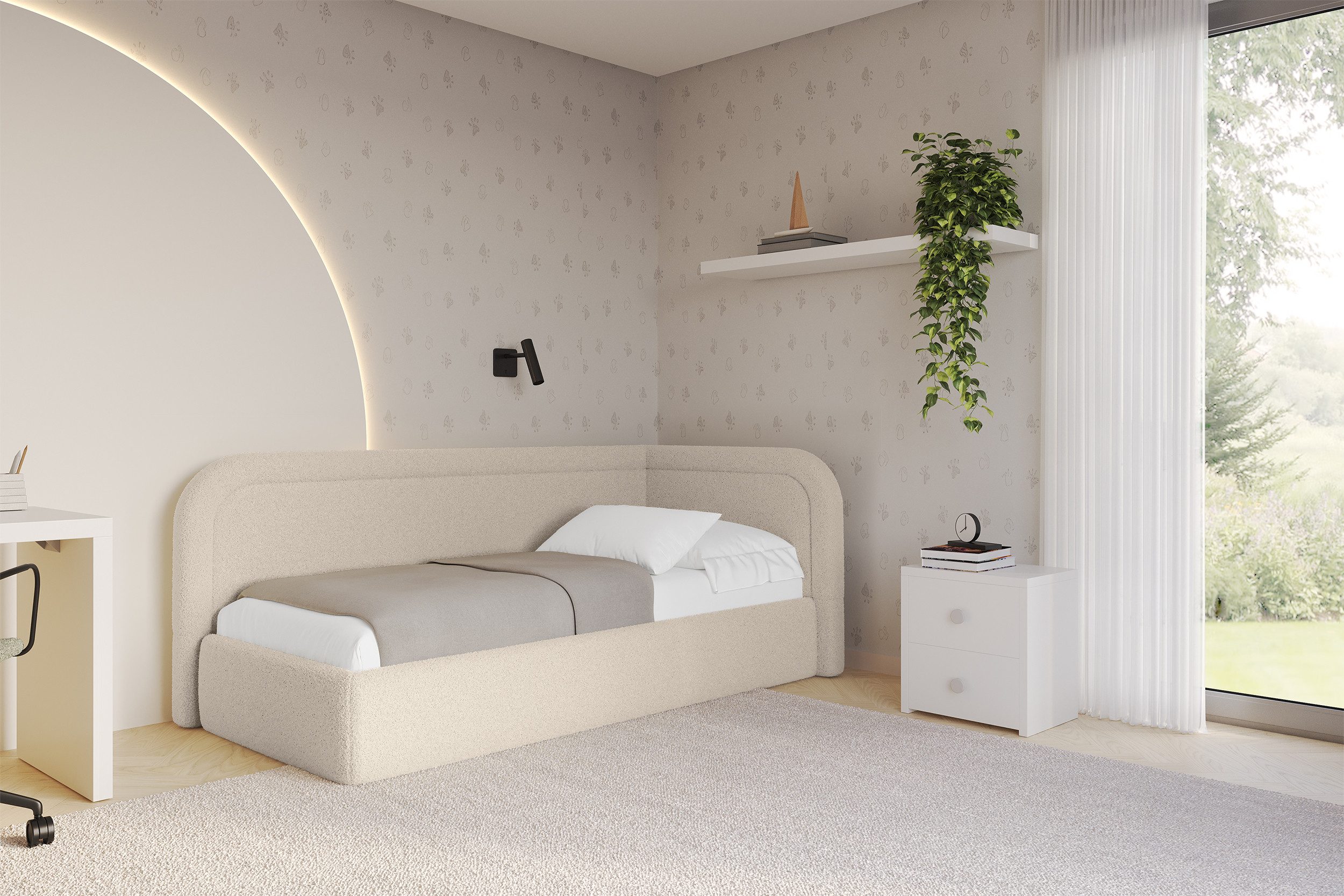 ALTDECOR Jugendbett JOVY (Jugendbett mit Bettkasten und Lattenrost, Polsterbett mit Matratze), Einzelbett mit Stauraum, Bett mit Kopfteil
