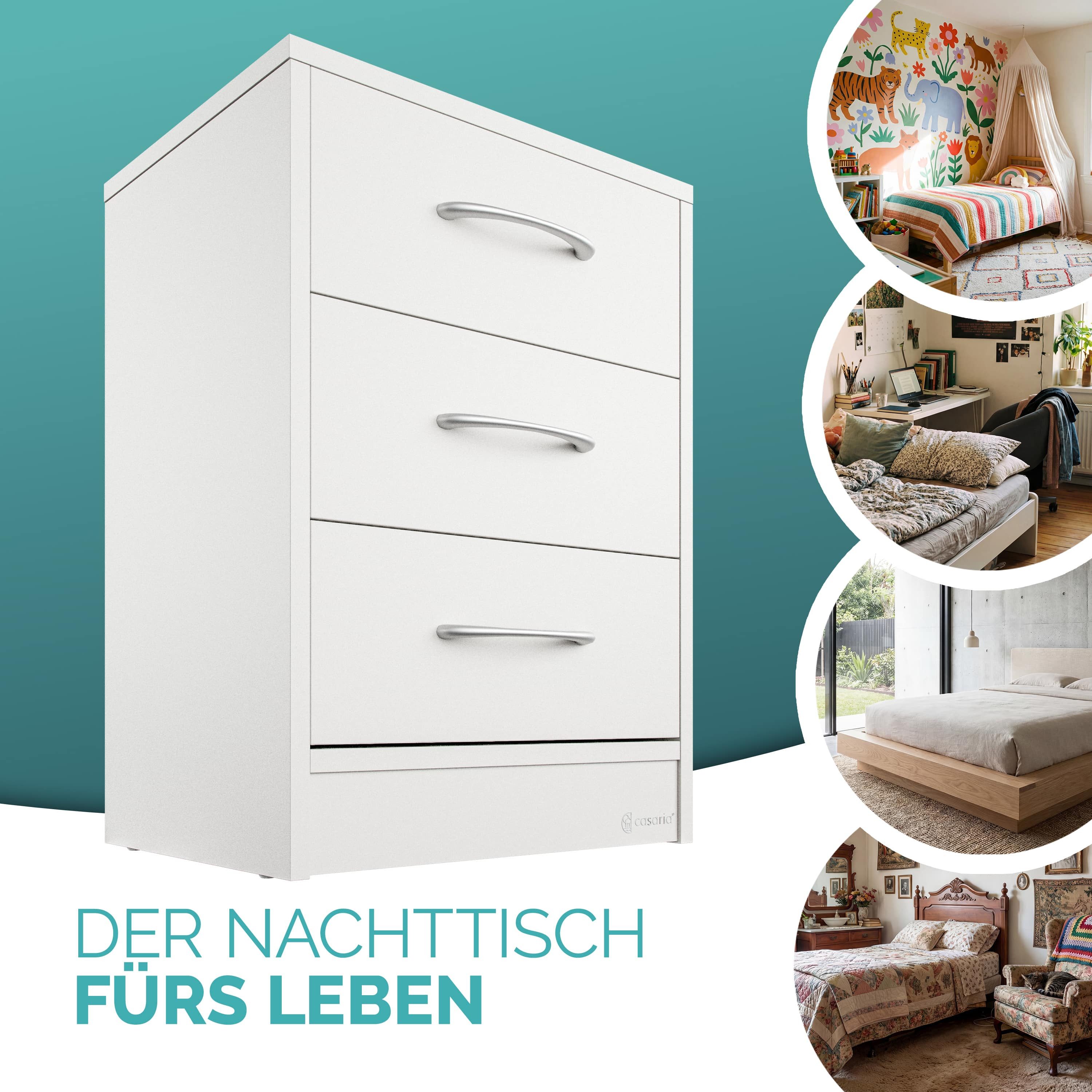 Casaria Nachttisch Eloise (1-St), mit 3 Schubladen Kabelführung Wandbefestigung Boxspringbett