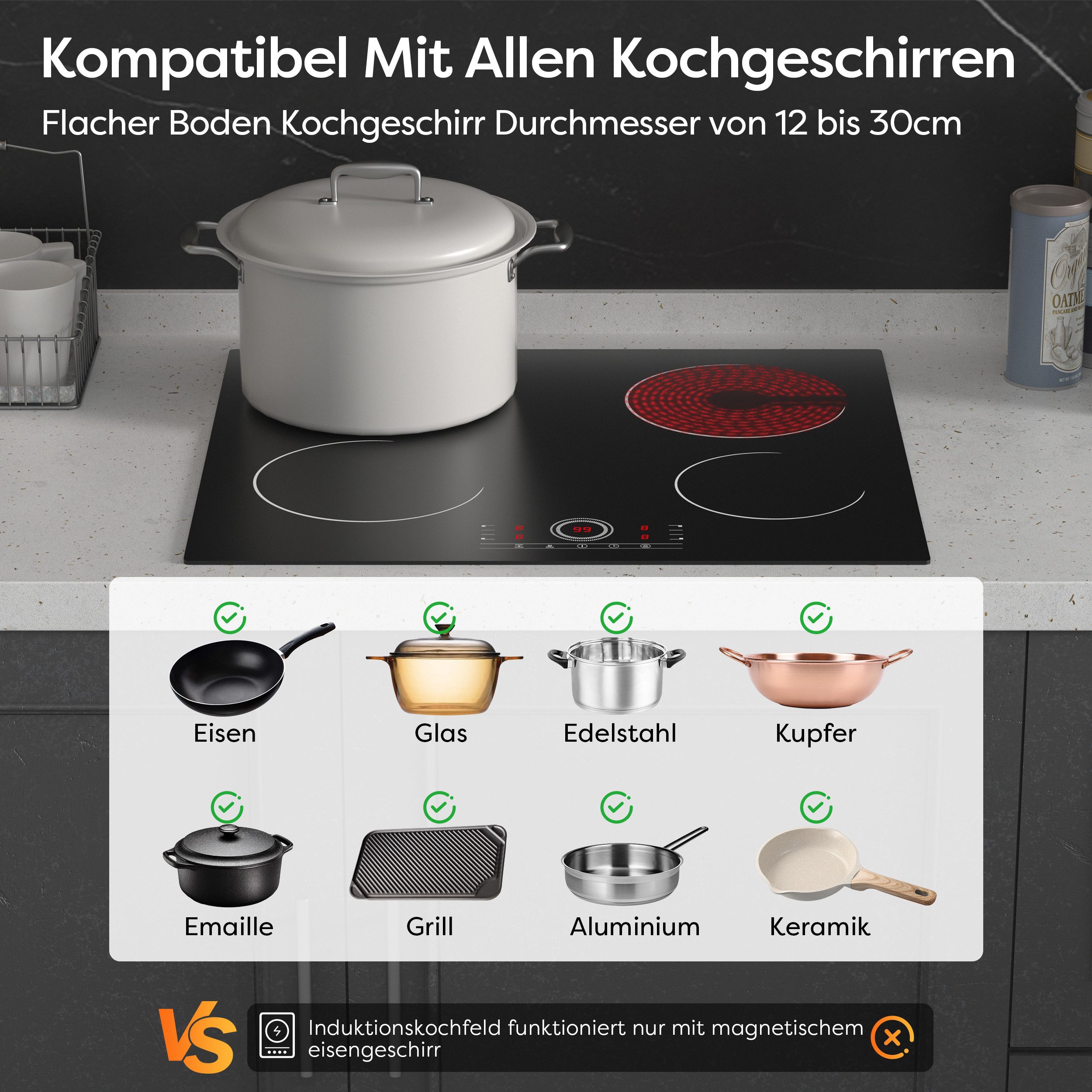 CDV Elektro-Kochfeld 60 cm Glaskeramikkochfeld Cerankochfeld 4 Zonen Überlaufschutz CDVER604, Einbau Ceran-Kochfeld 9 Stufen mit Timer 6000 W Touch Control
