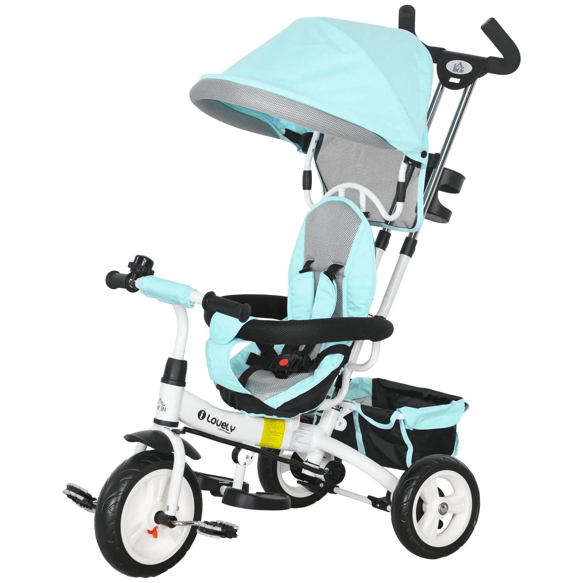 Dreirad-Kinderwagen 6-in-1 Kinderdreirad mit Schiebestange,Dach,Gurt,Ablagekorb
