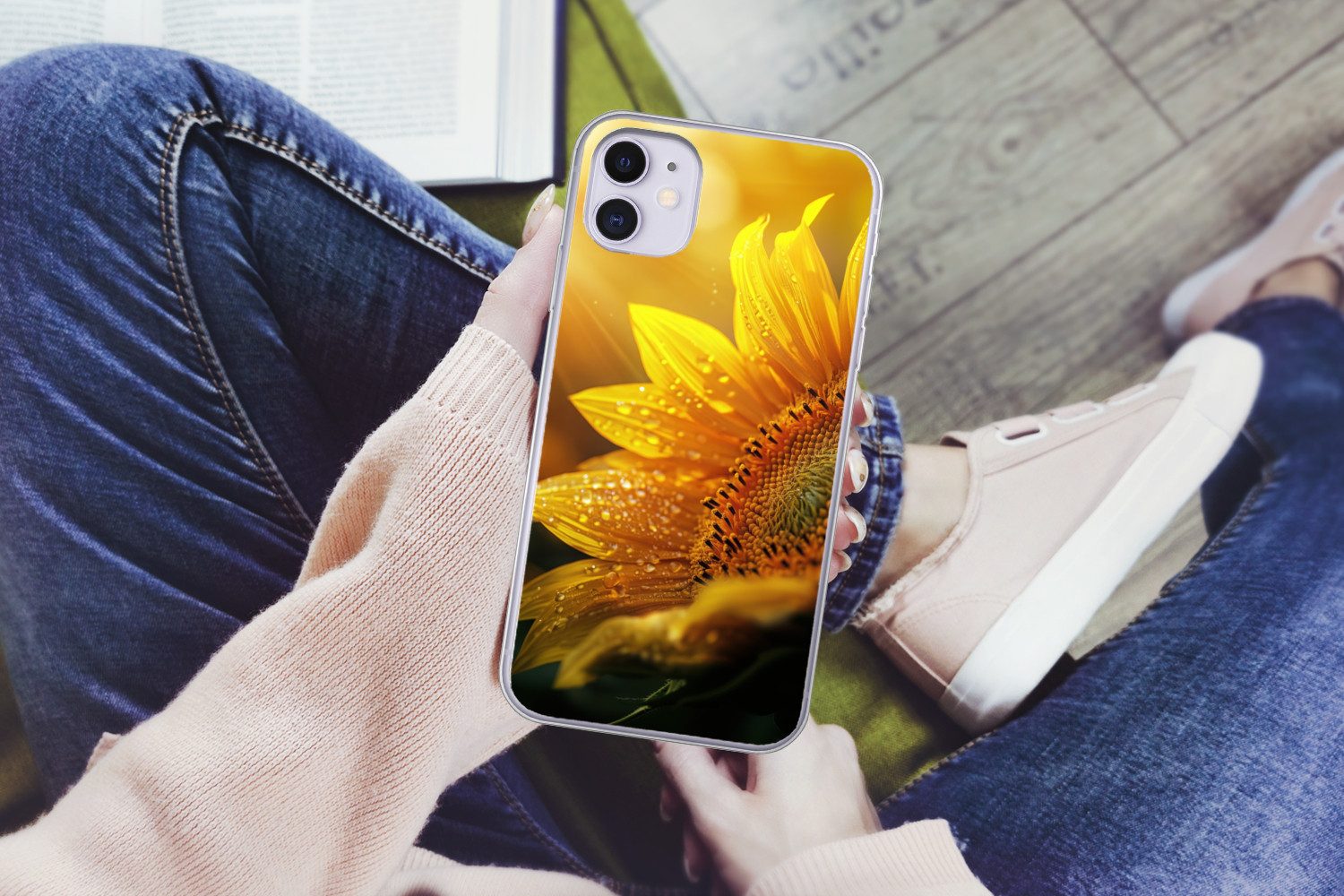 MuchoWow Handyhülle für Apple iPhone 11 Sonnenblume - Tautropfen - Gelb - Sonnenlicht, Smartphone-Bumper, Print, Handy Schutzhülle Dünn