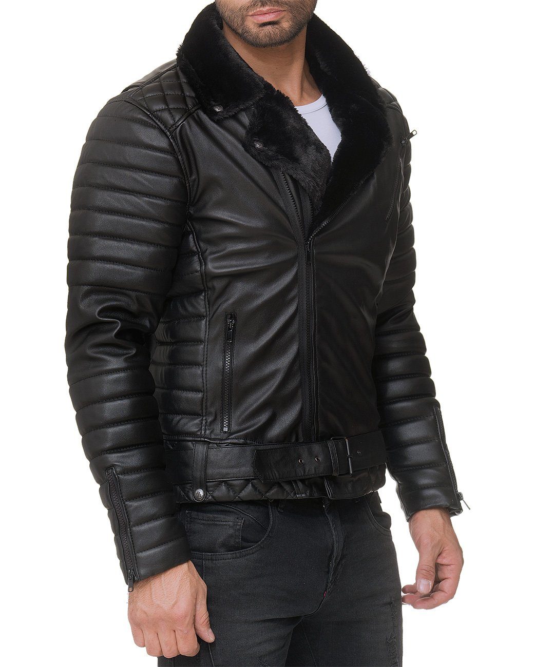 gefüttert schwarz Kunstleder mit RS008 Reichstadt Jacke (1-St) Herren Bikerjacke Steppmustern