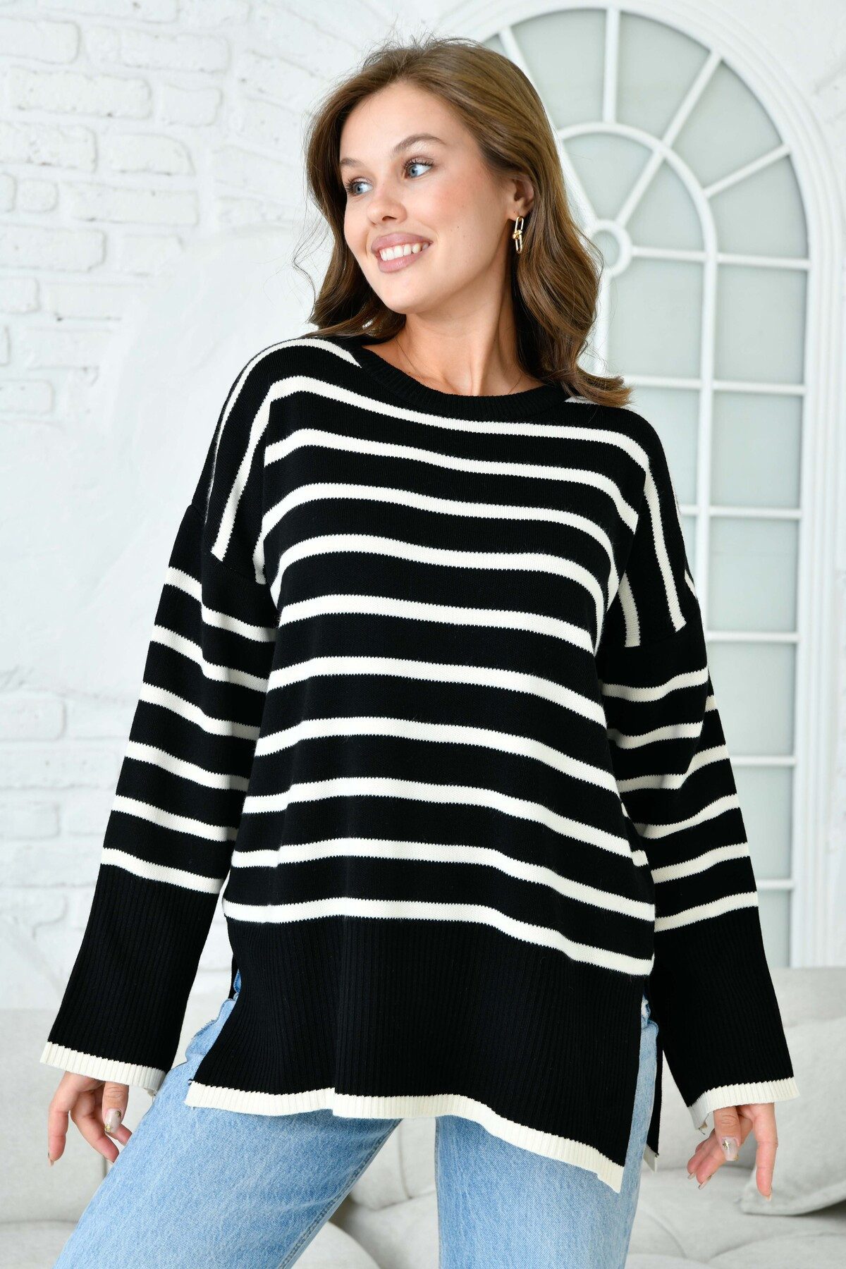 WOMAN VISION Sweater Oversize-Pullover mit Schlitz, Rundhalsausschnitt, Streifenmuster, lan