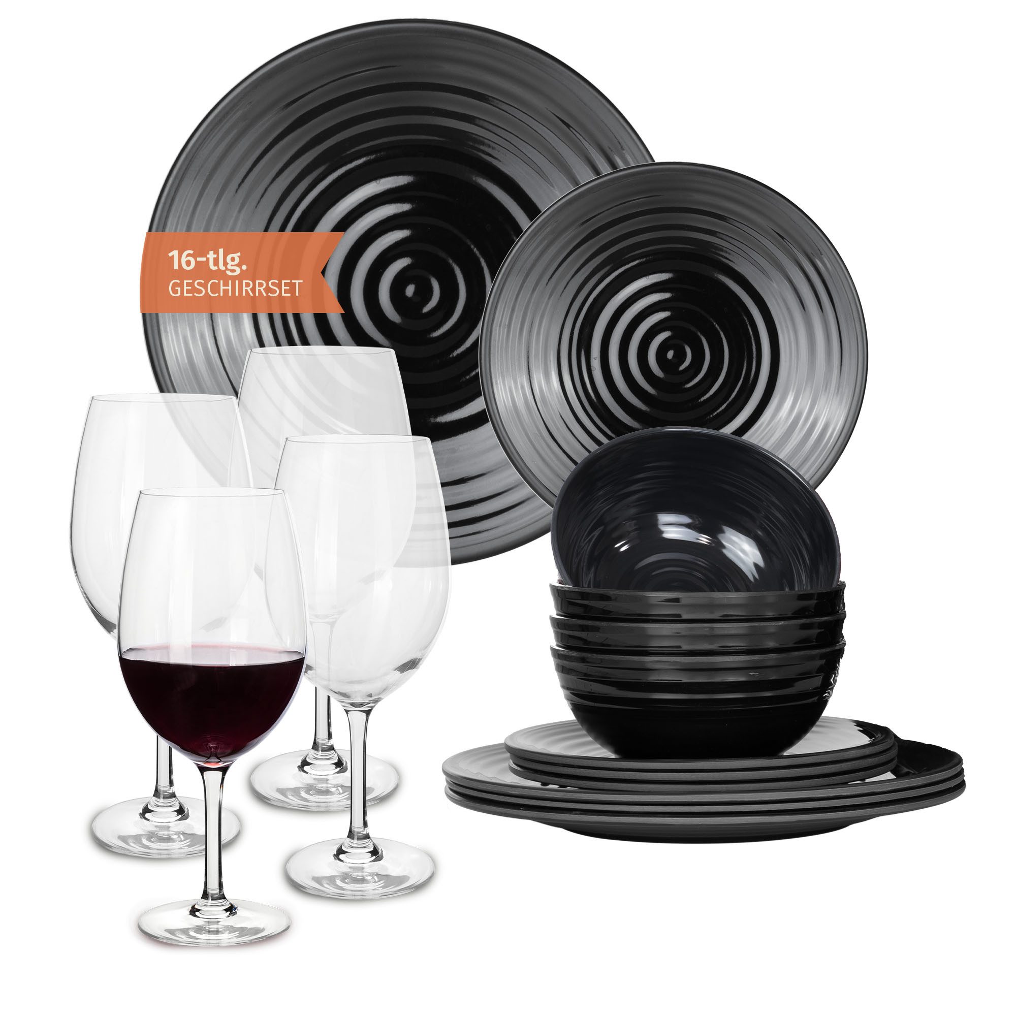 Moritz Geschirr-Set 2011647-Variation Stone Dark Black + Milano + Tiamo Gläser, 28 tlg, Geschirrset Campinggeschirr Picknick Geschirr Bootsgeschirr