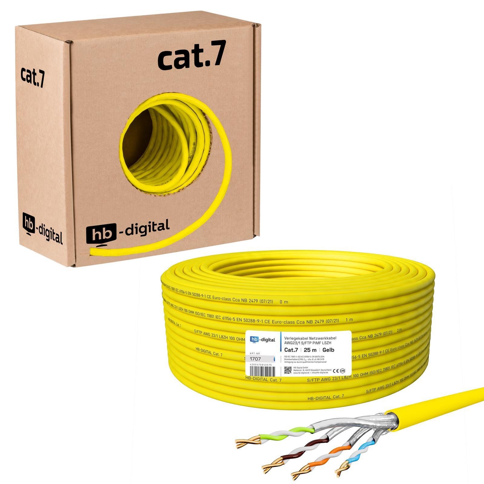 HB-DIGITAL CAT 7 Kabel 25m Installationskabel S/FTP AWG23 LSZH gelb Netzwerkkabel, Netzwerkstecker, (2500 cm), hochwertiges GHMT zertifiziertes reines Kupfer Verlegekabel