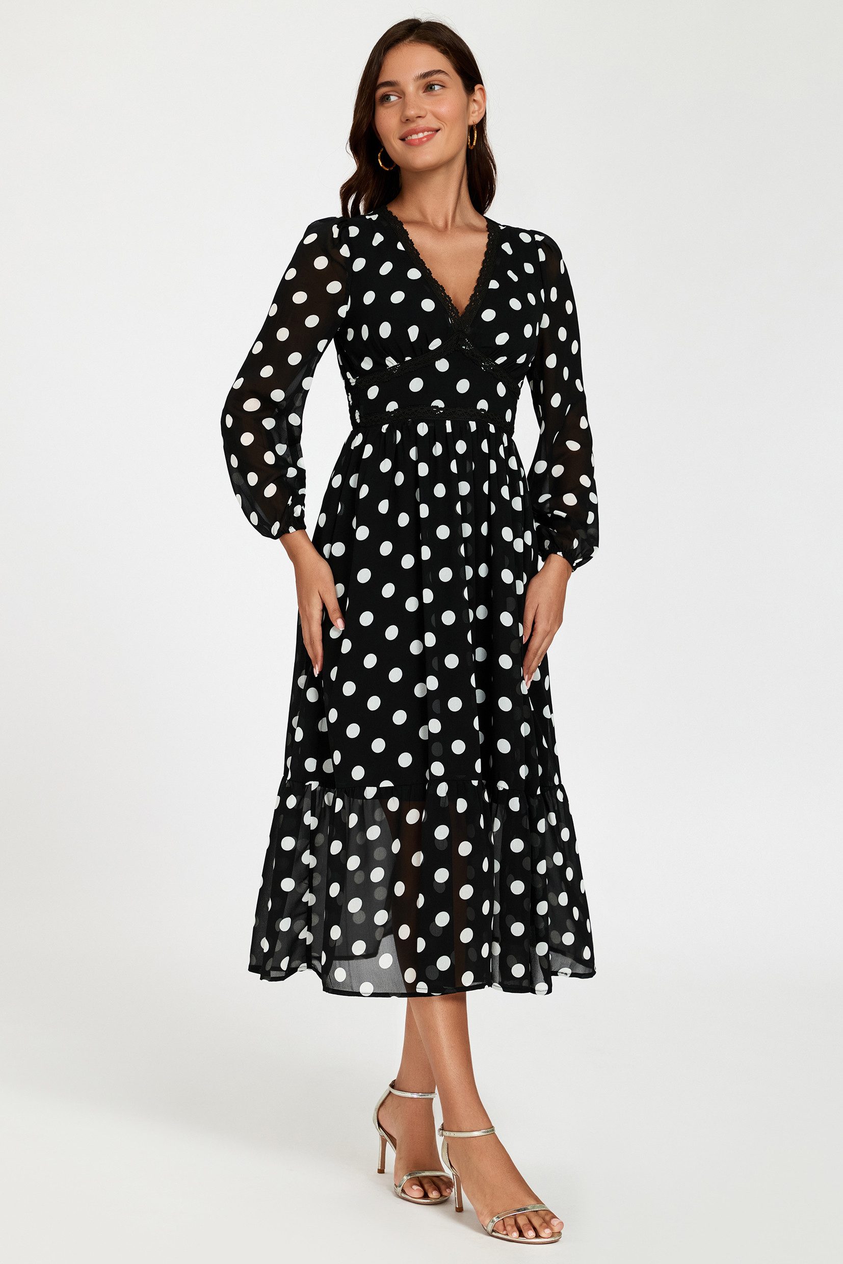 FS Collection Midikleid Damen Midikleid mit Spitzenbesatz, V-Ausschnitt und langen Ärmeln (XS (EU:36 / UK:8) · S (EU:38 / UK:10) · M (EU:40 / UK:12) · L (EU:42 / UK:14) · XL (EU:44 / UK:16) · XXL (EU:46 / UK:18, 2 Farben: Blau und Schwarz) leicht, weich, fließend & formstabil