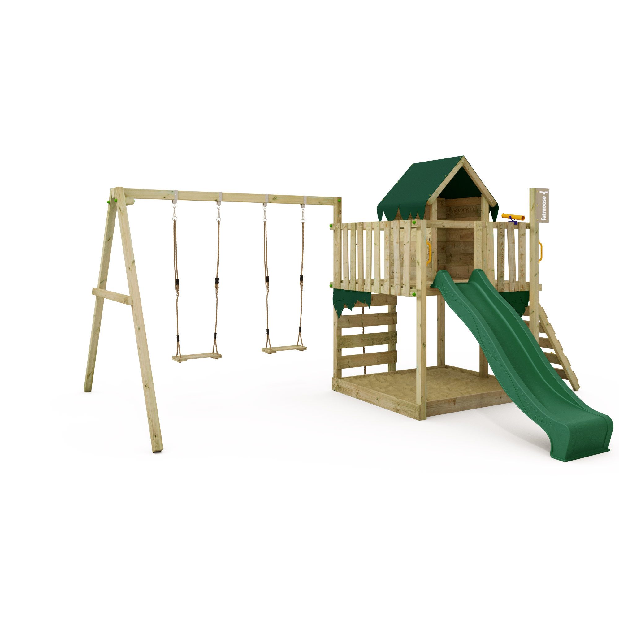 FATMOOSE Klettergerüst JazzyJungle Jam XXL mit Schaukel – Spielturm mit Rutsche, (Outdoor-Spielhaus mit Kletterwand, Wellenrutsche & Sicherheitshandgriffen für aktive Kinder, Kletterturm für kleine Entdecker & Freunde – perfekt für Rollenspiele), extrem witterungsbeständig mit 10 Jahren Garantie*