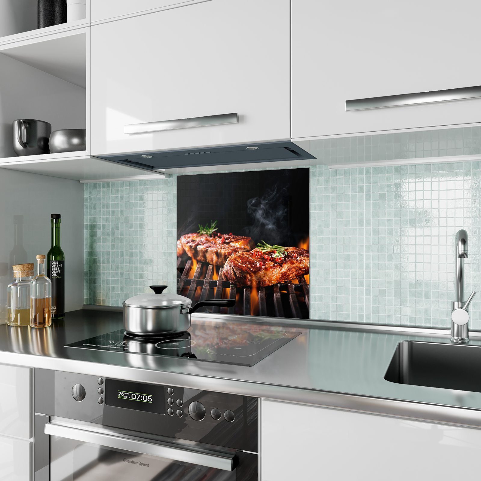 Primedeco Küchenrückwand Küchenrückwand Spritzschutz Glas mit Rindersteak Grill Motiv auf