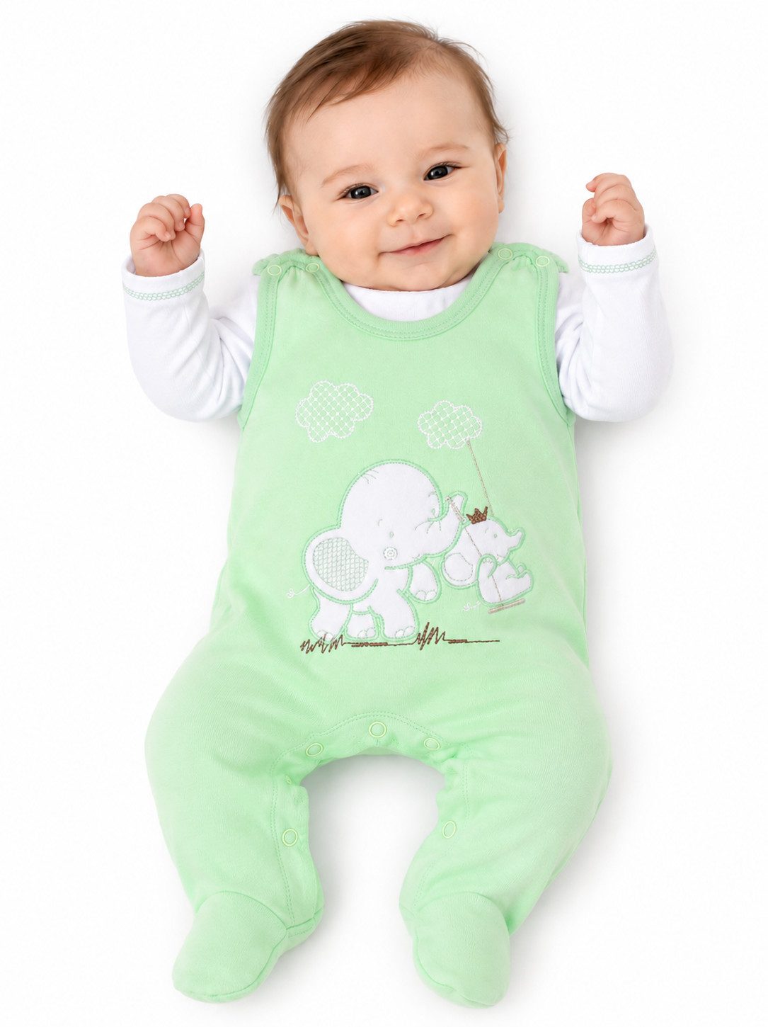 La Bortini Strampler Strampler und Shirt Baby Anzug in Grün mit Elefanten Stickerei aus Baumwolle und Velours, 44 50 56 62 68