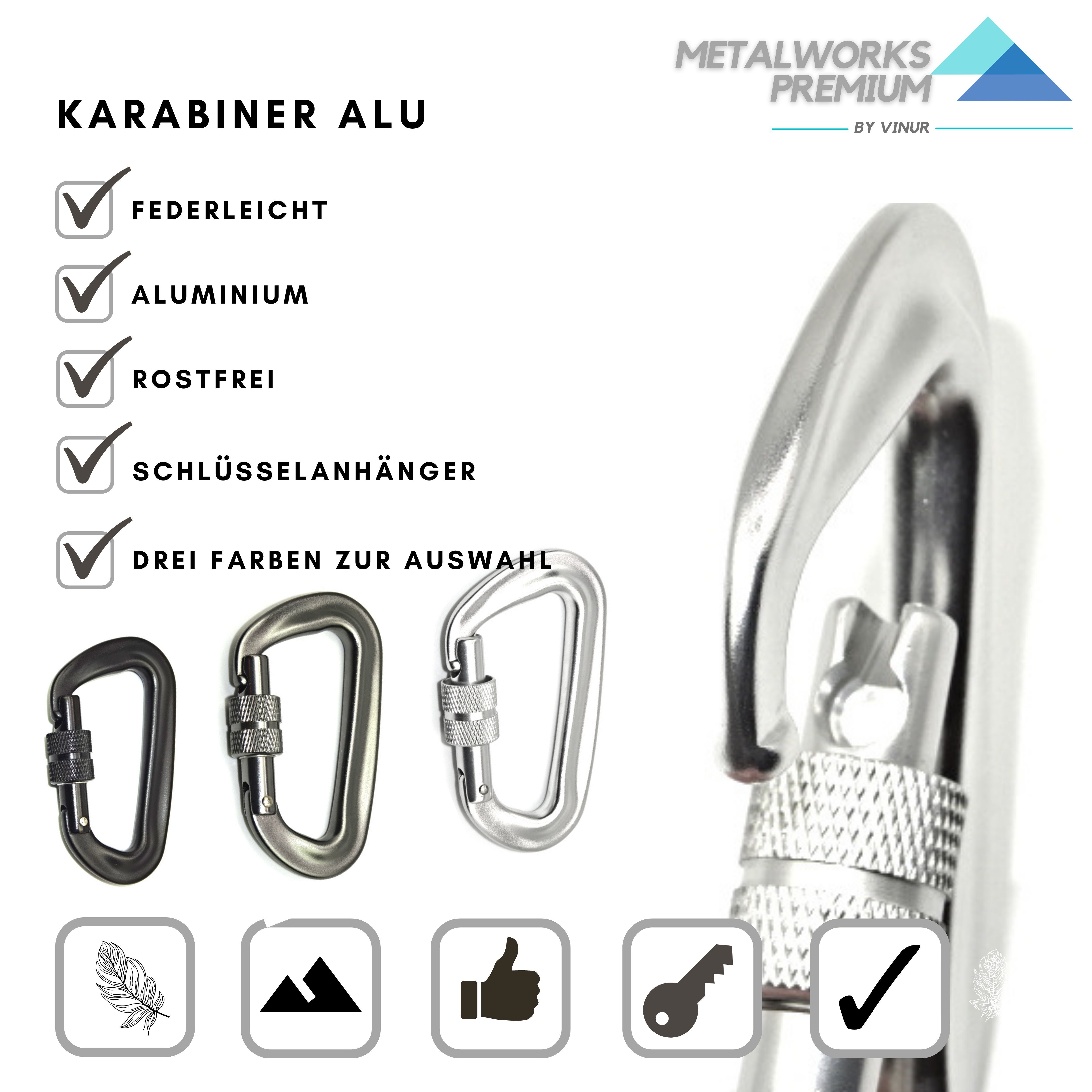 Metalworks premium Karabiner Metalworks premium Alukarabiner Sicherheits-Schraubkarabiner, (Stück, (1 Stück), Belastungskapazität von 400 kg - hält auch extremen Bedingungen stand.