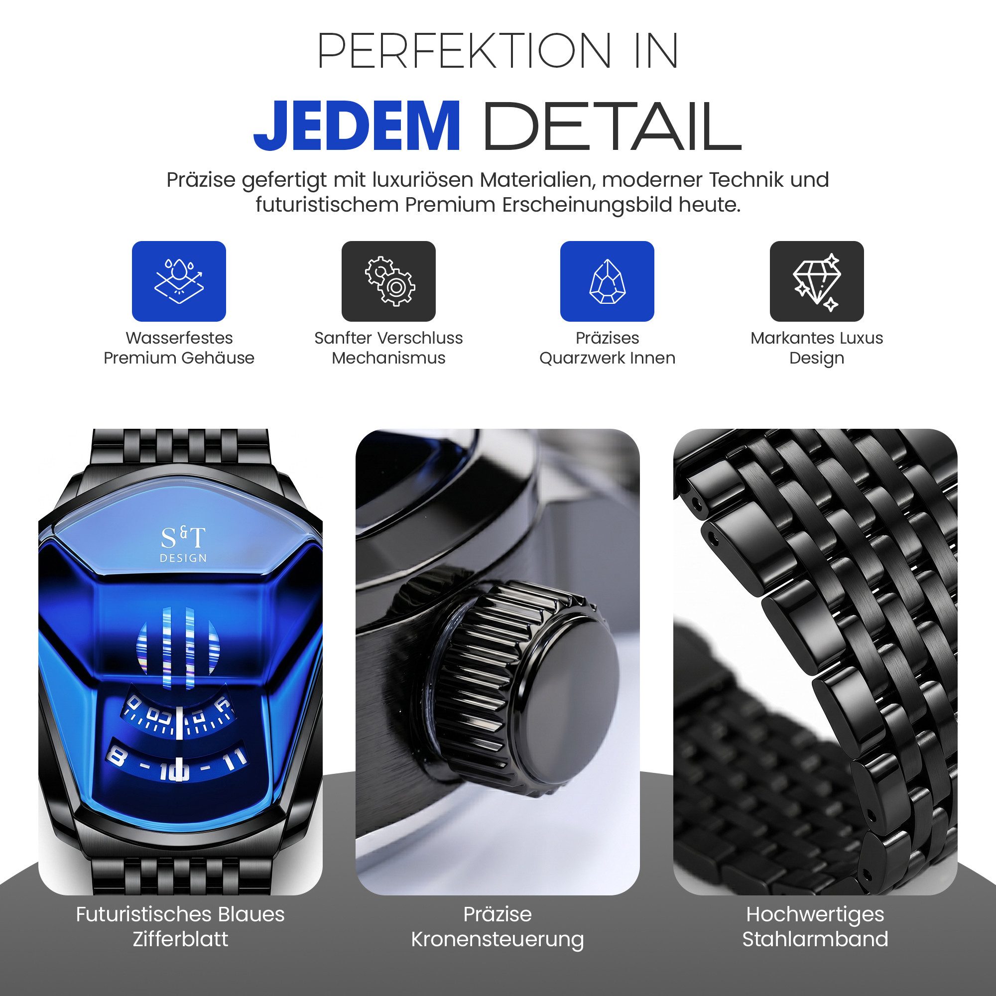S&T Design Quarzuhr Herren Uhr Edelstahl Armbanduhr Herrenuhr, (Geschenkebox (Etui), inkl. Armbandkürzer & Etui), Männer Uhr 3Bar Wasserdicht Analog Geschenk