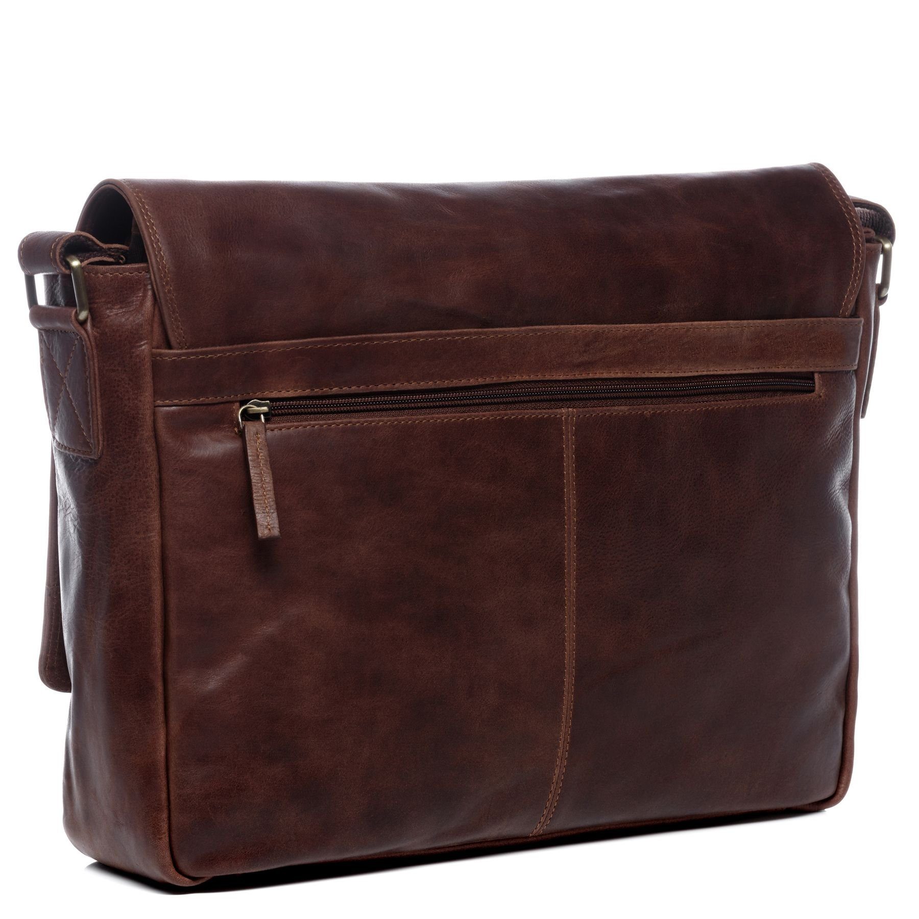 SID & VAIN Messenger Bag SPENCER groß Laptop-Tasche 15 Zoll echt Leder, Umhaengetasche Laptop Fach Herren Damen Schultertasche braun