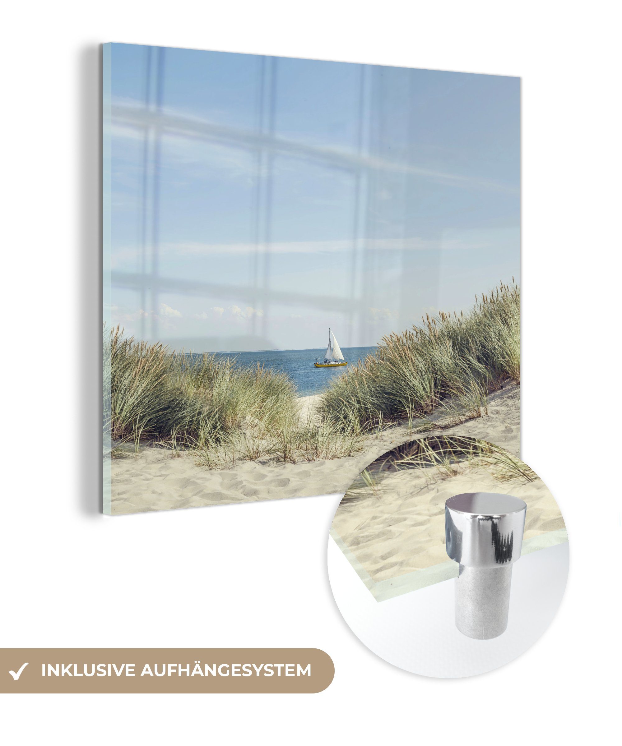 MuchoWow Acrylglasbild Nordsee - Dünen - Boot, (1 St), Glasbilder - Bilder auf Glas Wandbild - Foto auf Glas - Wanddekoration