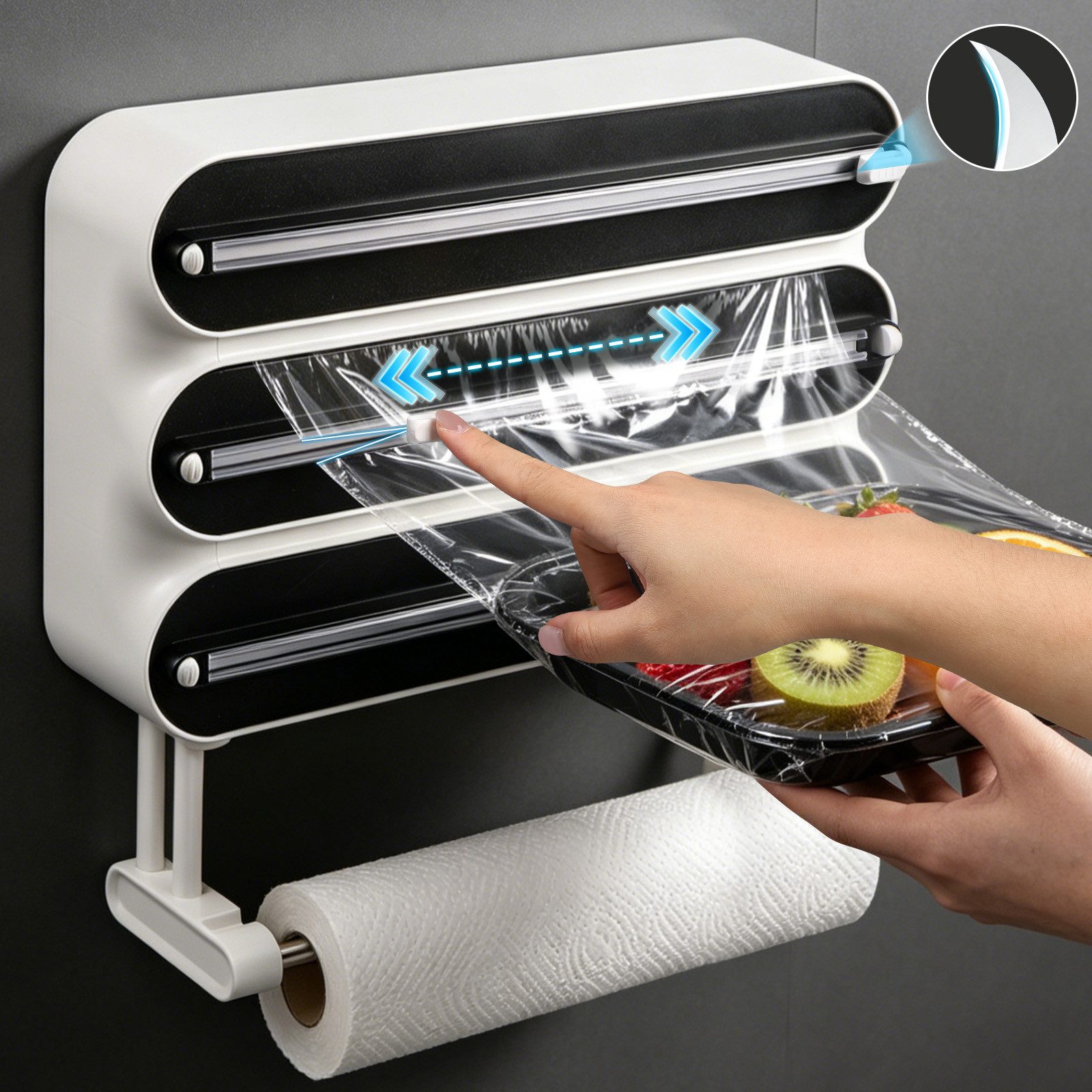 QUBEBU Wandrollenhalter 4-in-1 Küchenrollenhalter für Frischhaltefolie Alufolie Küchenpapier, (Frischhaltefolienspender mit Cutter, Haken, Magnetisch & ohne Bohren, Küchenrollenhalterung Alufolienspender Folienschneider Folienspender), Messerscharfe Kling