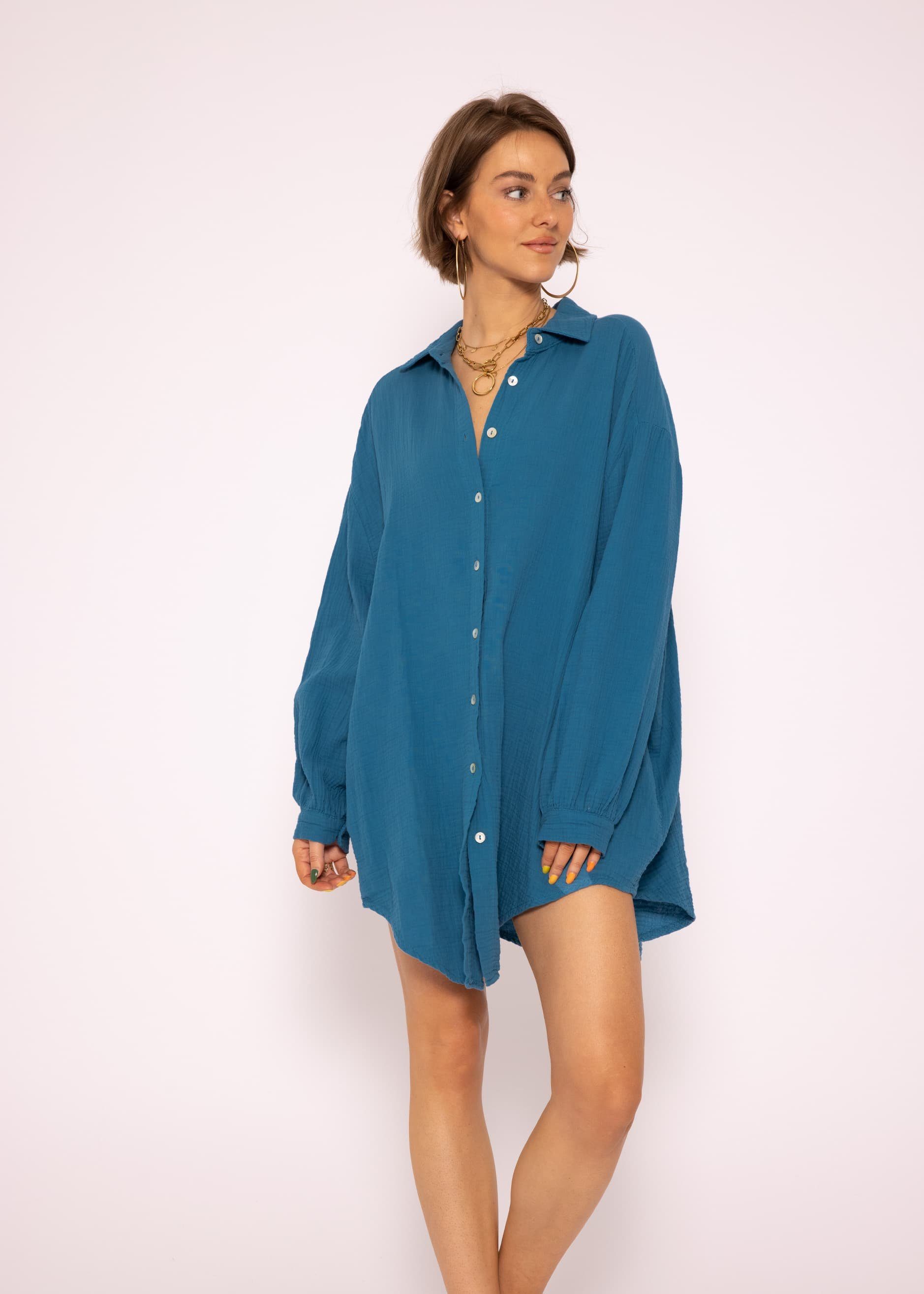 V-Ausschnitt, mit Bluse (Gr. Petrolblau Oversize One Hemdbluse Baumwolle lang 36-48) Musselin Damen Size Langarm aus SASSYCLASSY Longbluse