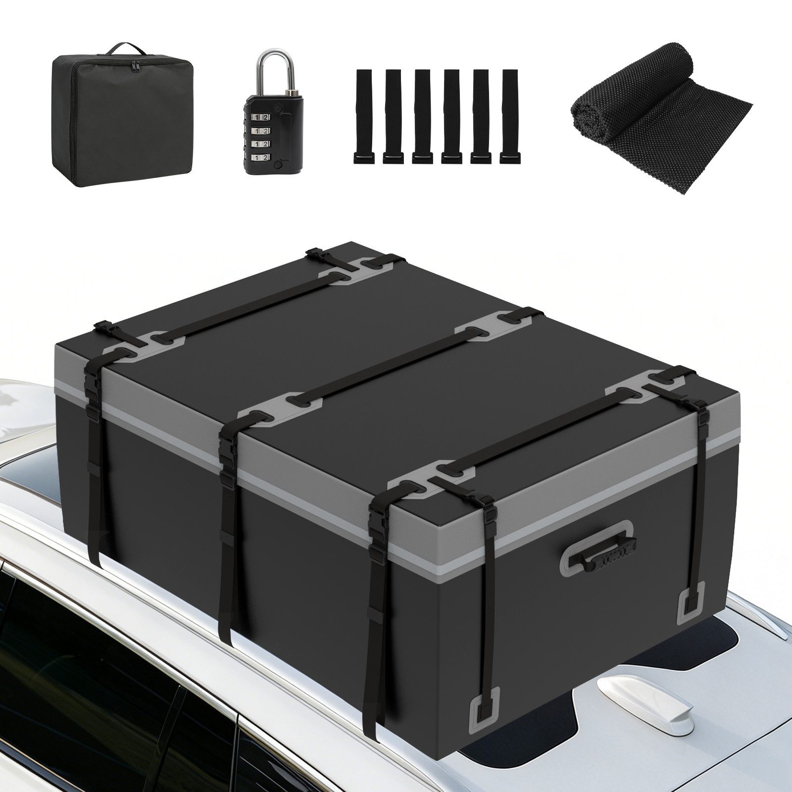 Puluomis Dachbox Auto 600L Faltbar Wasserdicht mit Türhaken, Schloss, 8 robuste Gurte, (500D Dachtasche Dachkoffer, für Autos mit/ohne Gepäckträger)
