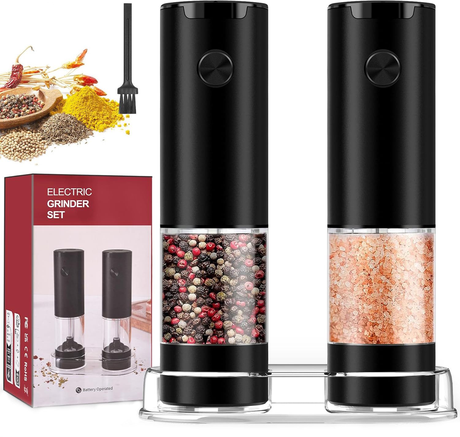 poweradd pro Salz-/Pfeffermühle Elektrisch 2er Set, batteriebetrieben für sofortigen Einsatz & flexibel überall nutzbar – Keramikmahlwerk, LED-Licht, Nachfüllbar, Edelstahl Gewürzmühle, Geschenkidee für Küche, Grill & Camping