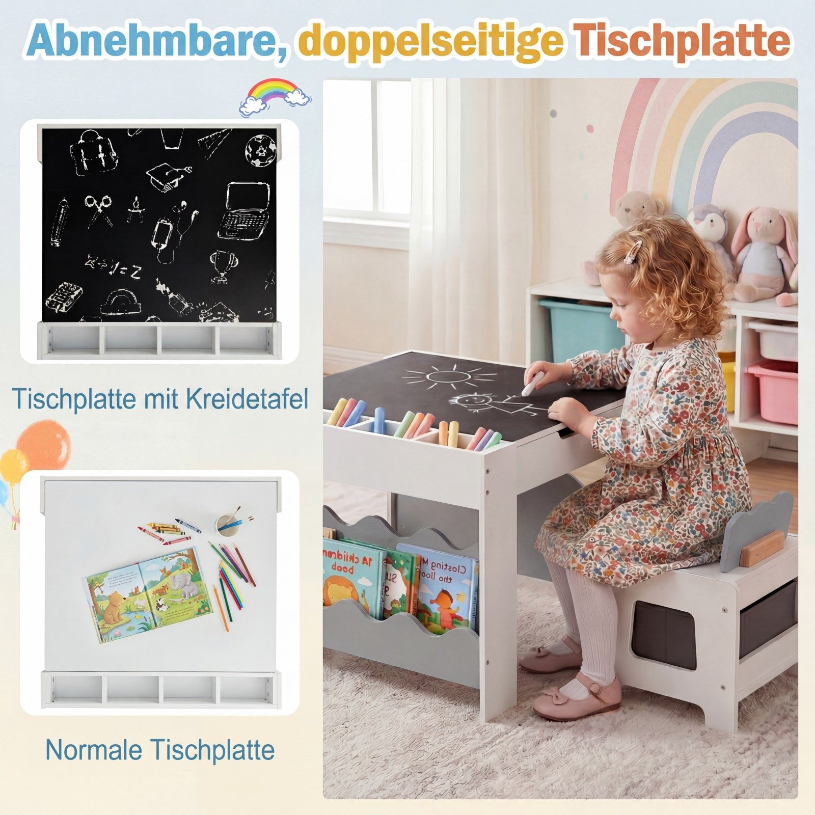 COSTWAY Kindersitzgruppe, (3-tlg), mit 2 Stühlen & wendbarer Tischplatte, Holz
