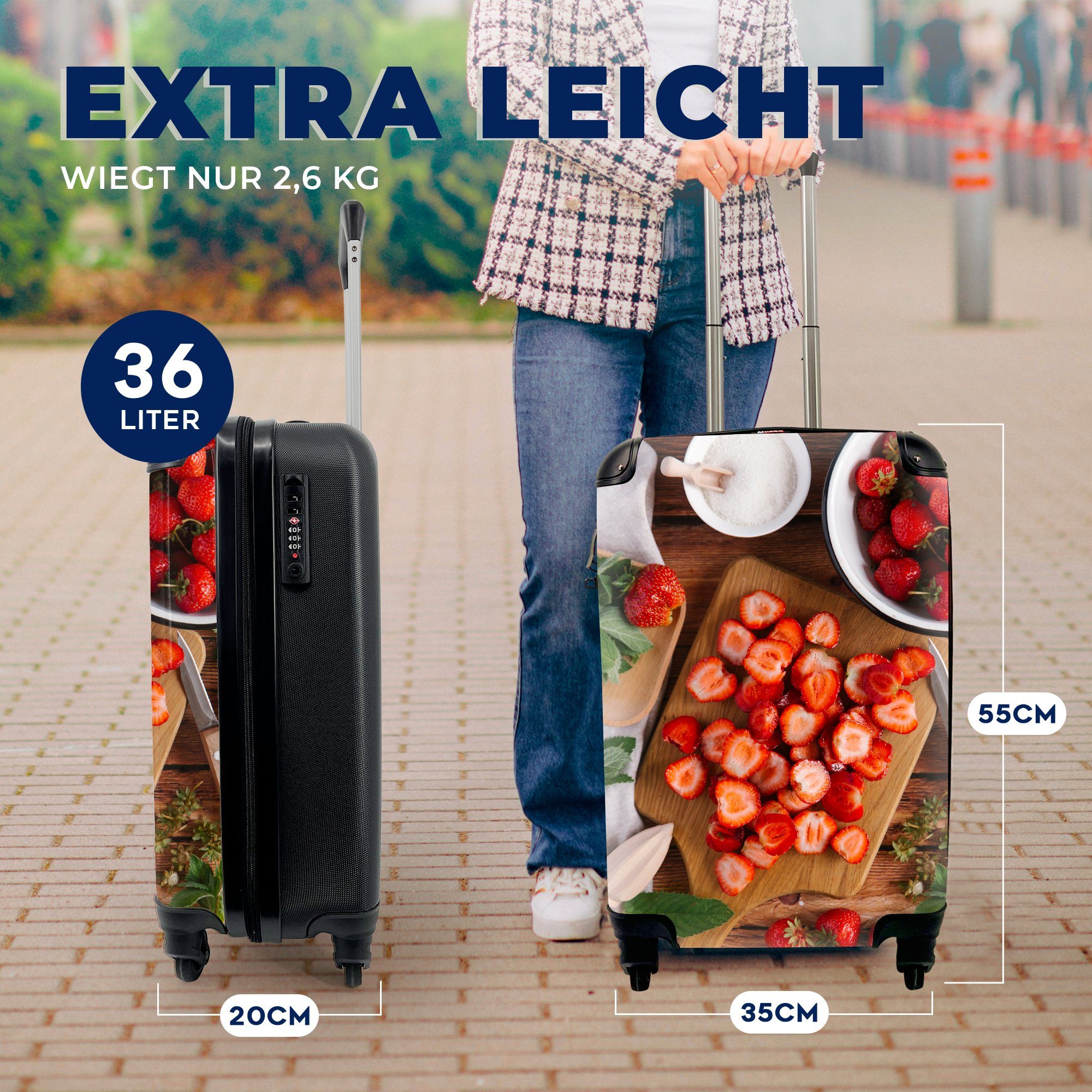 MuchoWow Reisekoffer einem Rollen, auf Ferien, Reisetasche Handgepäck Handgepäckkoffer rollen, Erdbeeren Trolley, mit 4 für Schneidebrett,