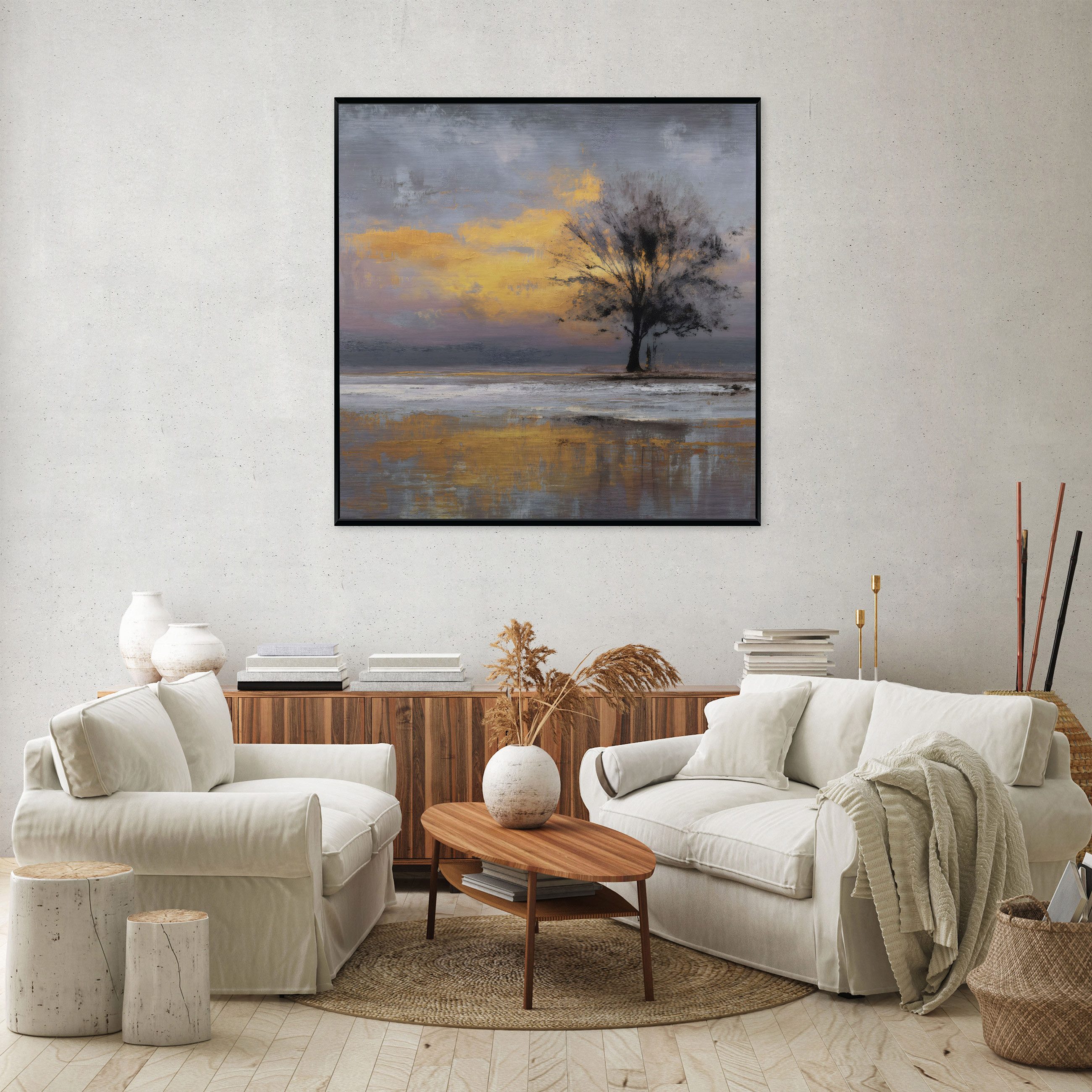 Wallarena Metallbild Abstrakt gold grau Baum Wanddeko Bilder mit Rahmen Wohnzimmer, Baum (Packung, 1 St), Bilder mit Rahmen Metallbilder Modern Wanddeko gross XXL