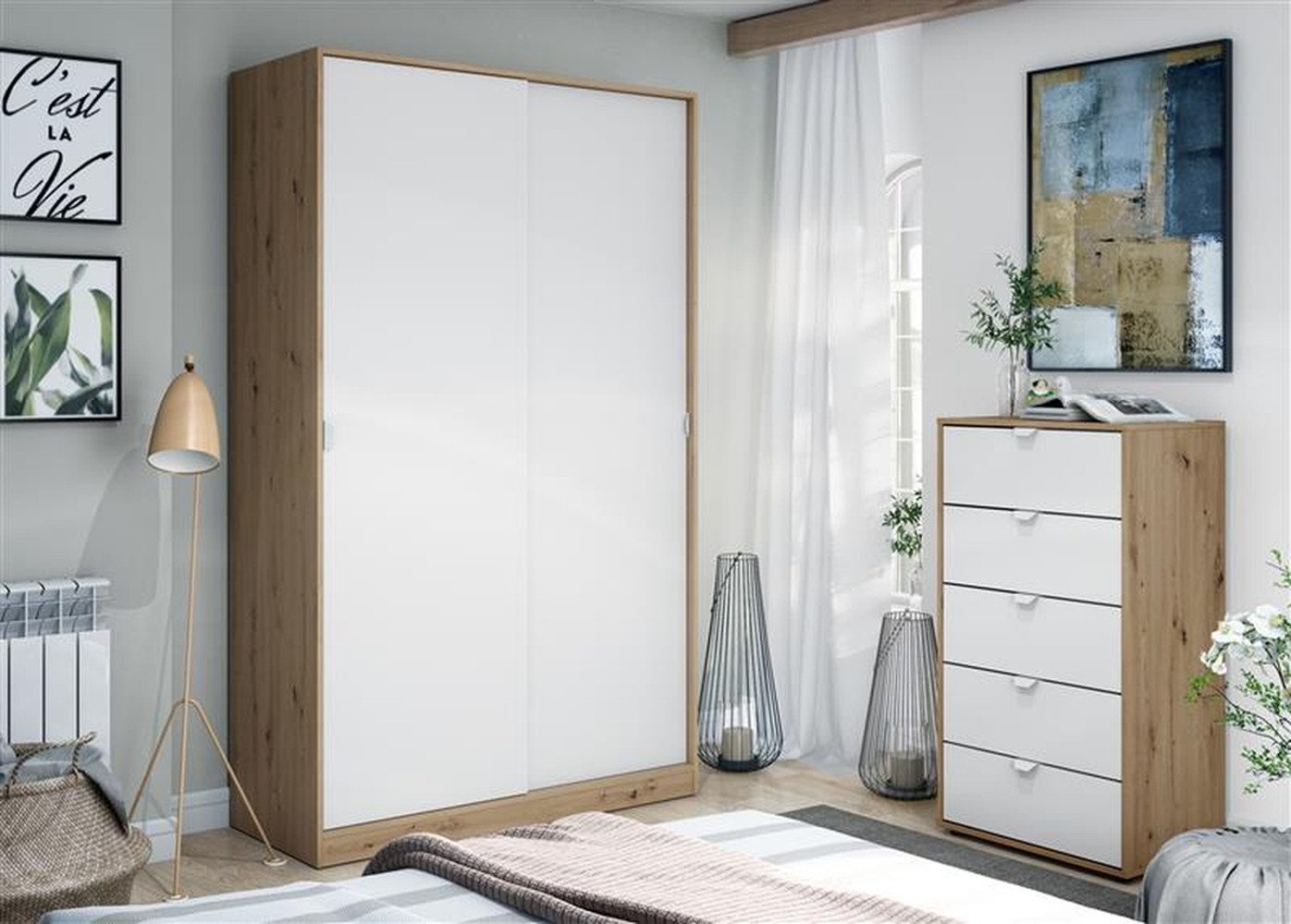 freiraum Schlafzimmer-Set GARONA, (2-teilig, Kommode = Breite 2 / Höhe 2 / Tiefe 2), (2-teilig) Schrank + Kommode, Nodi Eiche Dekor / Artik Weiß