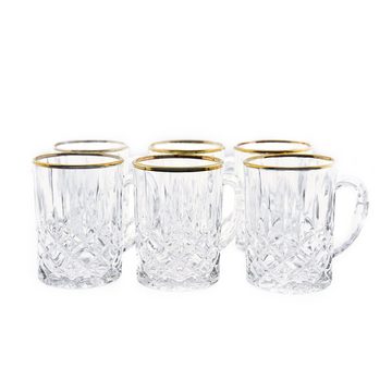 Sunay Teeglas 6er Gläser-Set mit Henkel Gold Umrandung 200ml Transparent mit Muster