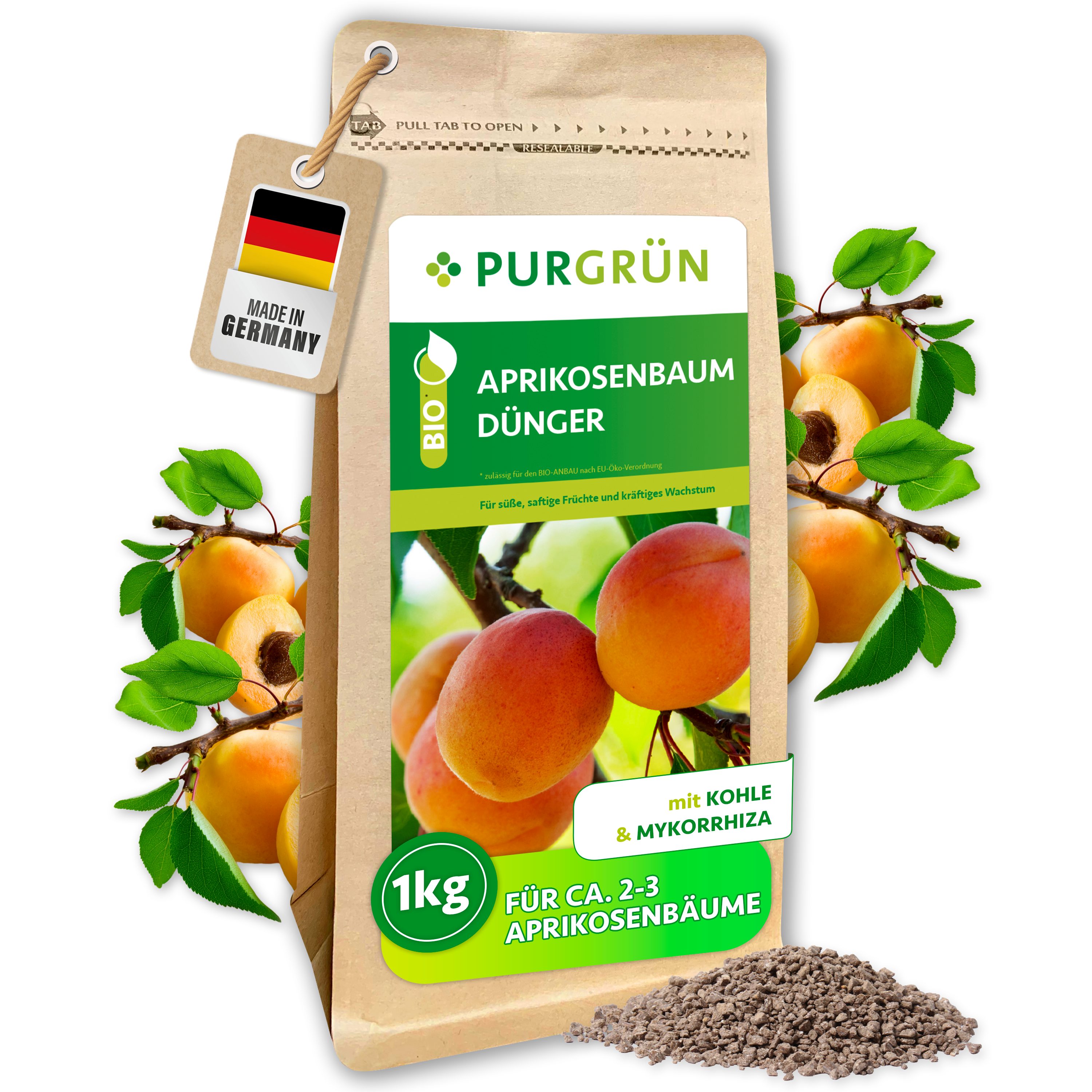 Purgrün Obstdünger Bio Aprikosenbaum Dünger, NPK 6+4+5, Magnesium, 1 kg, Granulat, 1-St., 1 kg