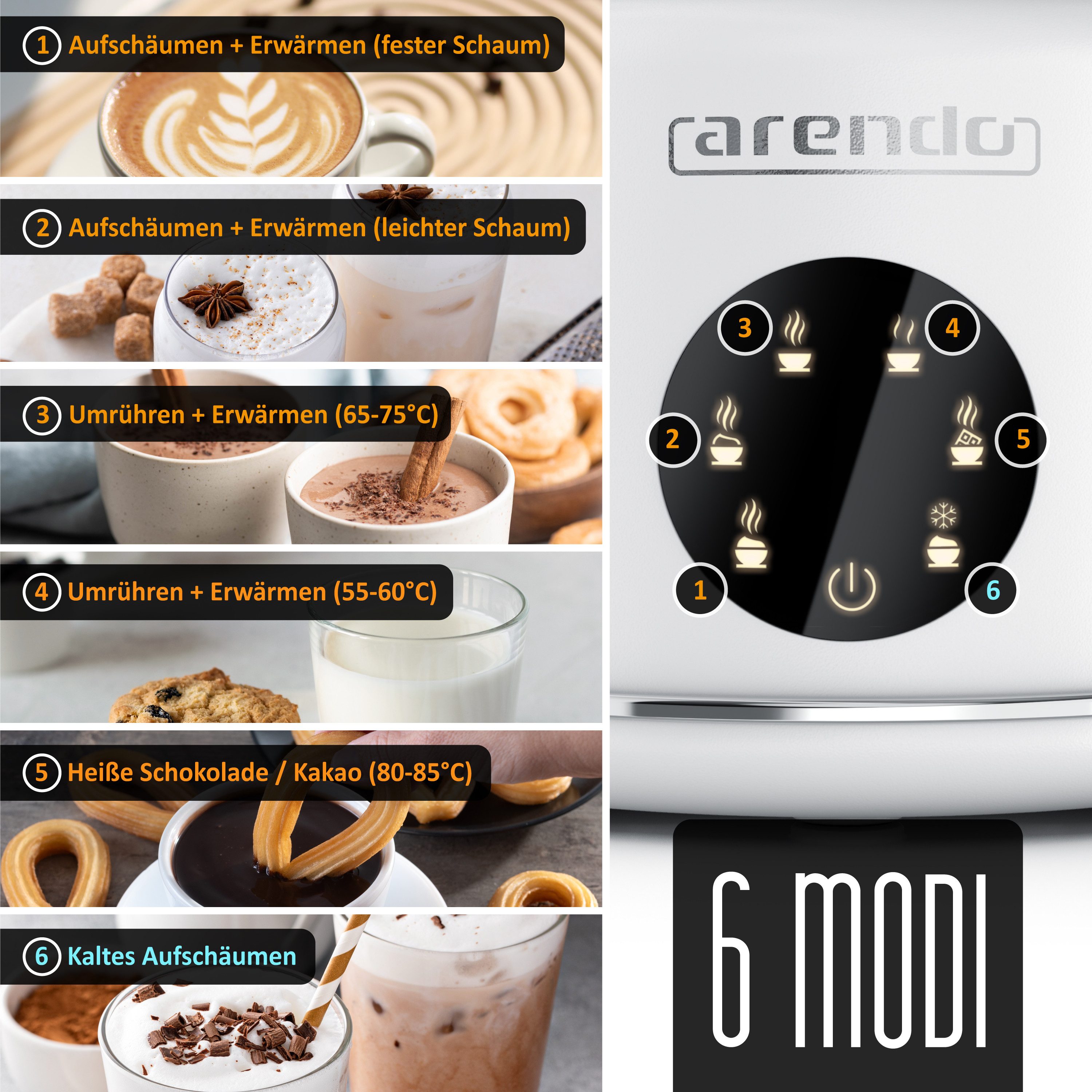 Arendo Milchaufschäumer mit 500 ml Glas Behälter, elektrisch, für heißen & kalten Milchschaum, 600 W, 2 Einsätze, für Cappuccino Latte Macchiato heiße Schokolade uvm.