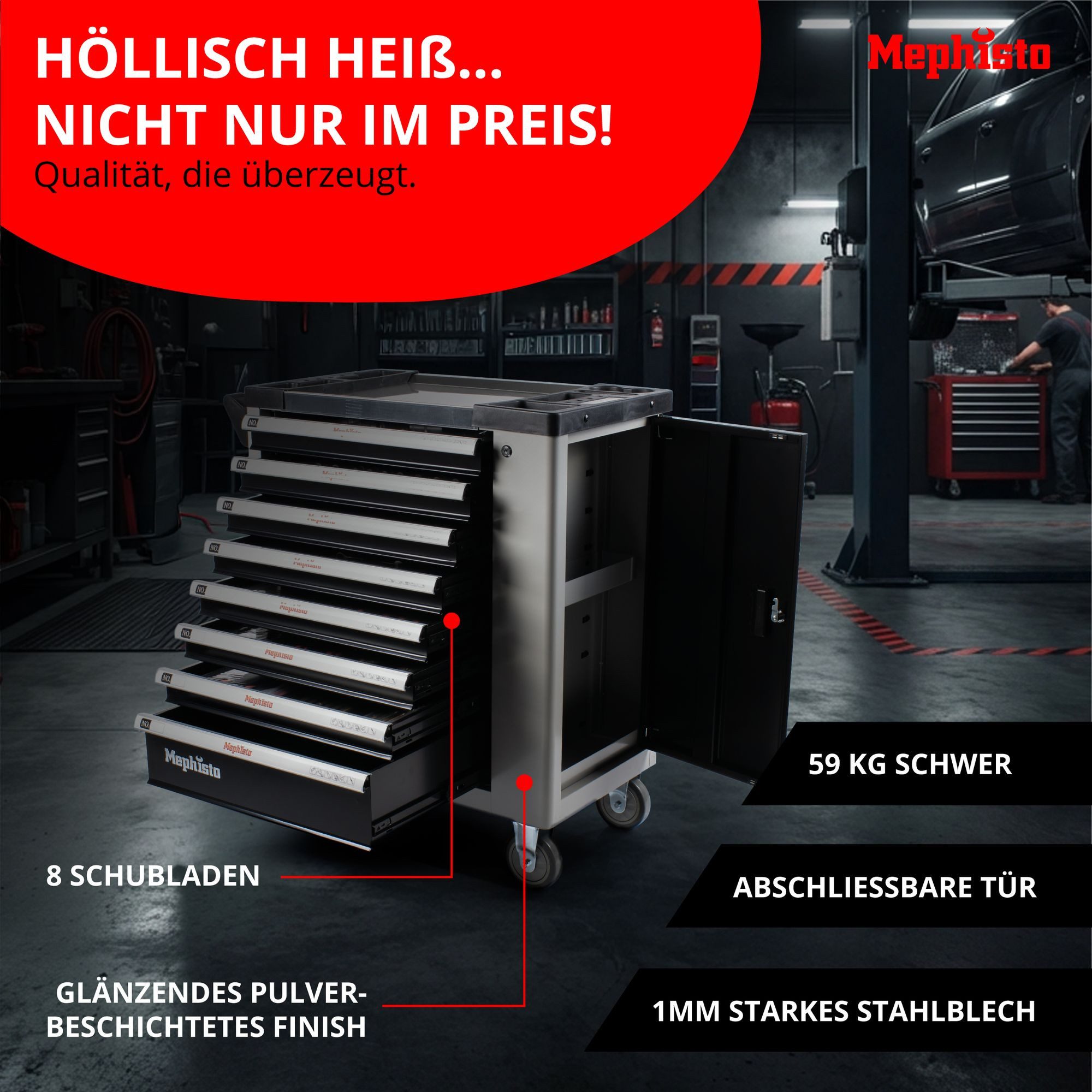 Mephisto-Tools Werkzeugwagen, (fertig montiert und bestückt), Schubladen abschließbar und bis je 35 kg belastbar, 2 Schlüssel inkl.