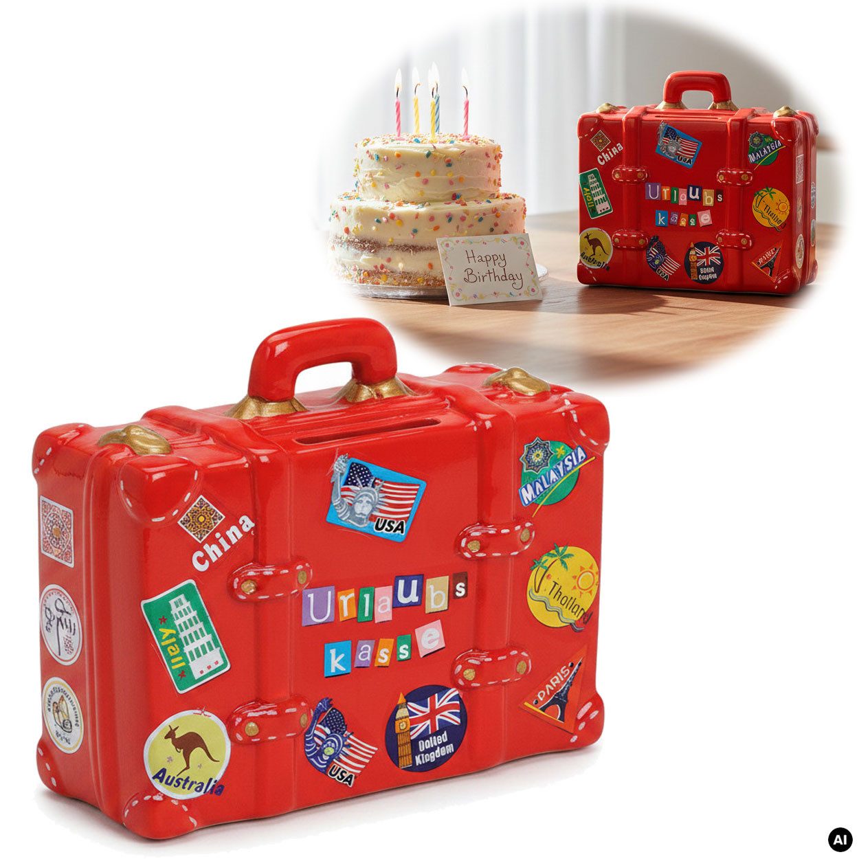 LS-LebenStil Spardose Keramik Sparschwein Reise-Koffer Spruch Urlaubskasse Rot Sparbüchse, (perfekt als Geschenk zum Geburtstag Hochzeit oder Verlobung, Taufe, 1-tlg., 100% von Handbemalt, mit Filzgleiter - keine Kratzer), Exklusives Design, Originelle lustige Sprüche
