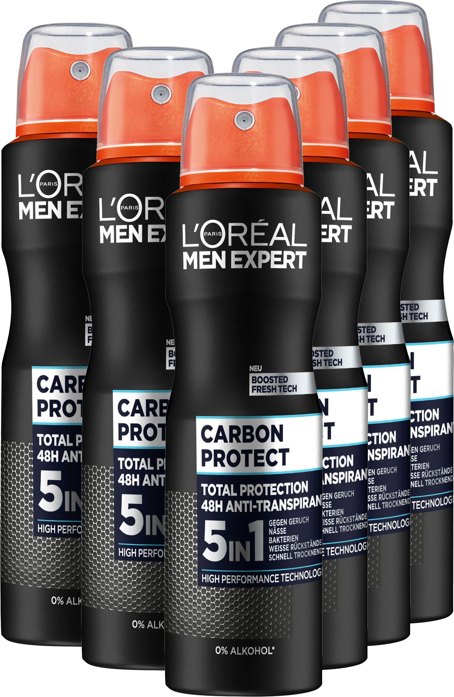 L'ORÉAL PARIS MEN EXPERT Deo-Spray DEO SPRAY CARBON PROTECT 5-IN-1, Packung, 6-tlg., mit hoher Zuverlässigkeit