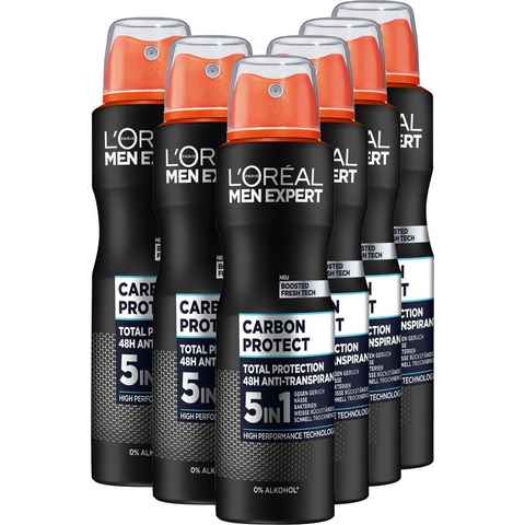 L'ORÉAL PARIS MEN EXPERT Deo-Spray Deo Spray Carbon Protect 5-in-1, Packung, 6-tlg.