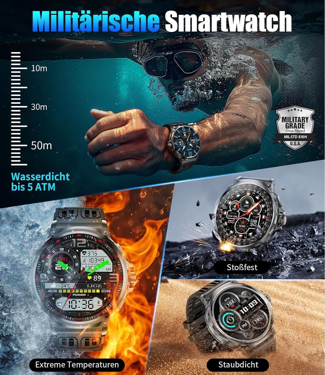 S&T Design Smartwatch Fitness Tracker Uhr für Herren mit Telefonfunktion Groß Smartwatch (iOS + Android) Geschenkbox, (Android und iOS), 1,85" AMOLED-Display Whatsapp Herzfrequenz-/Schlafüberwachung