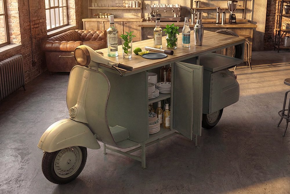 riess-ambiente Barschrank SCOOTER 250cm salbei/natur - Metall, Mango, Motorroller, Upcycling (Einzelartikel, 1-St) Lackierte Retro-Konsole - ideal für Wohn- und Esszimmer oder Küche