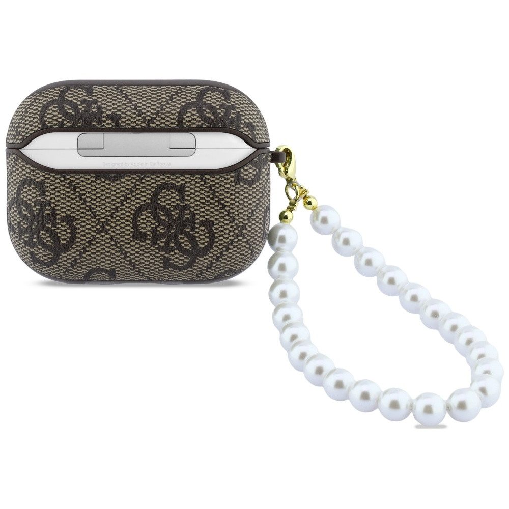 Guess Kopfhörer-Schutzhülle Case AirPods Pro 3 Kunstleder braun Logo goldfarben mit Kette, Kantenschutz