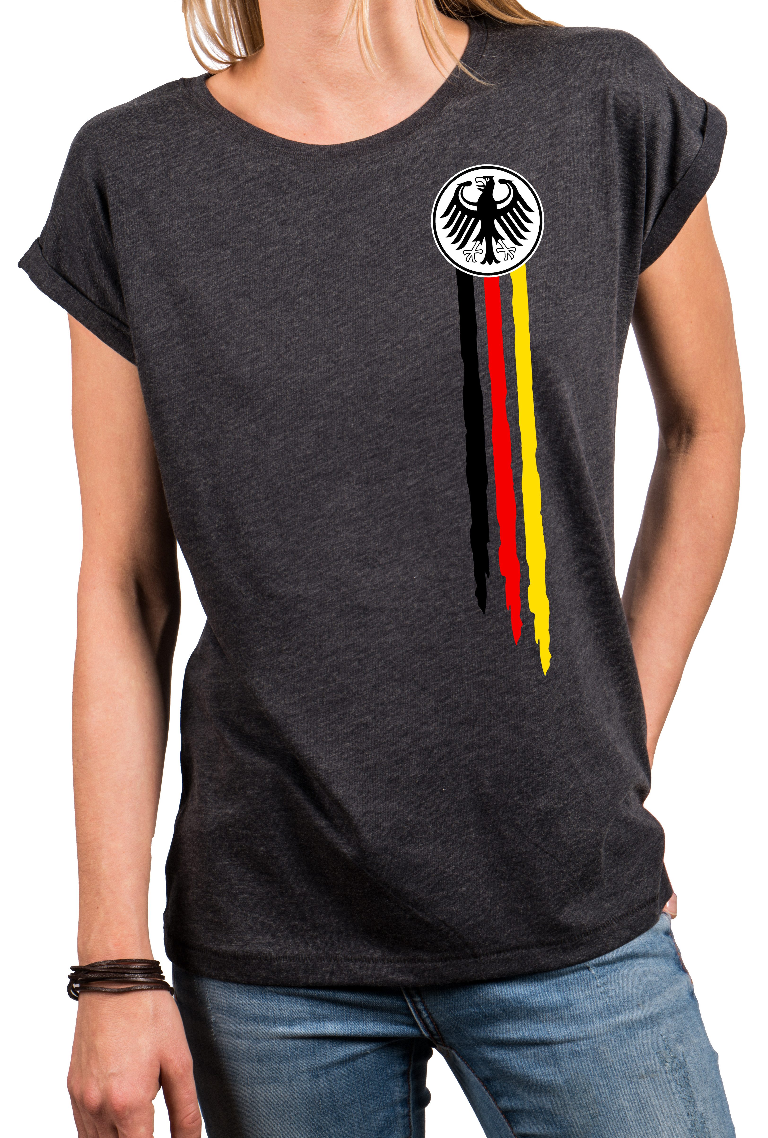 MAKAYA Print-Shirt Deutschland EM Trikot Damen Adler Flagge Fahne Fußball WM Top (Schwarz, Weiß, Blau, Grau, Grün, Rosa, 34, 36, 38, 40, 42, 44, 46, 48, 50) große Größen