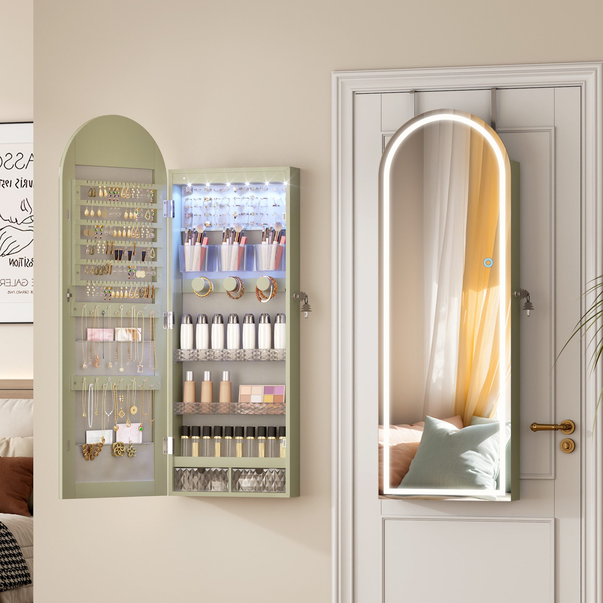 LVSOMT Schmuckschrank mit 3 Farben Licht, aus MDF, explosionssicherem Glas und Samt (1-St) mit Make-up-Spiegel, 108×40cm, grün – Bild 2 von 5