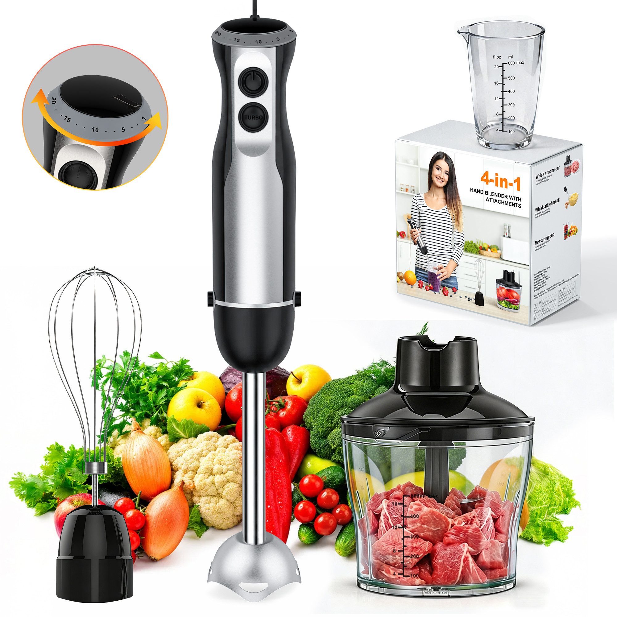 Luckice Stabmixer 1000W 4in1 Elektrisch Edelstahl Pürierstab mit 20 Geschwindigkeiten, 1000 W, TURBO-Taste für die Zubereitung von Soße,Babynahrung und Suppe