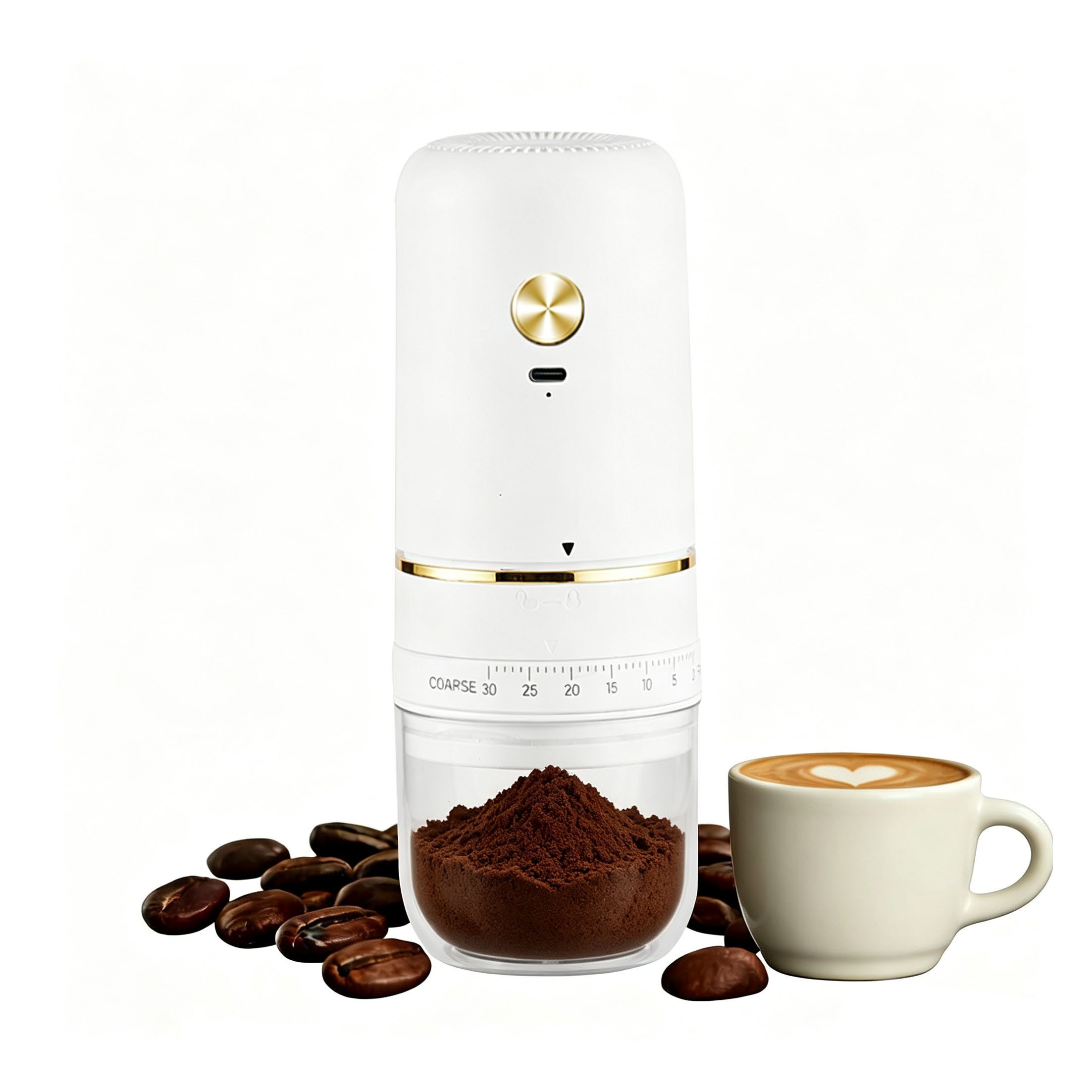 KINSI Kaffeemühle Elektrische Kaffeemühle mit Akku, 30 Mahlgrade, USB-C, Kaffeebohnen, Kegelmühle, Die Mahlstärke ist einstellbar, für Espresso bis Cold Brew