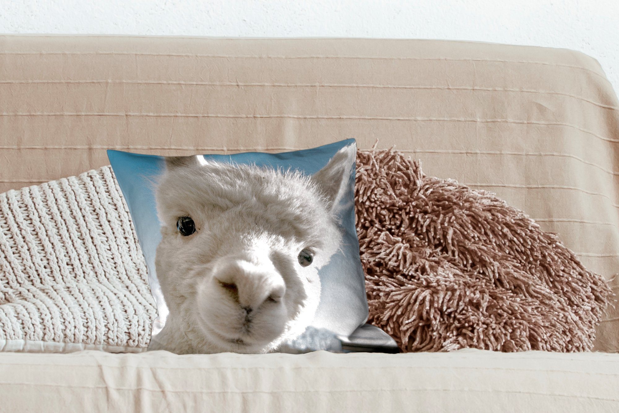Dekokissen Schlafzimmer, - Tier Zierkissen Deko, mit Alpaka Sofakissen Füllung Weiß, Wohzimmer, - MuchoWow für