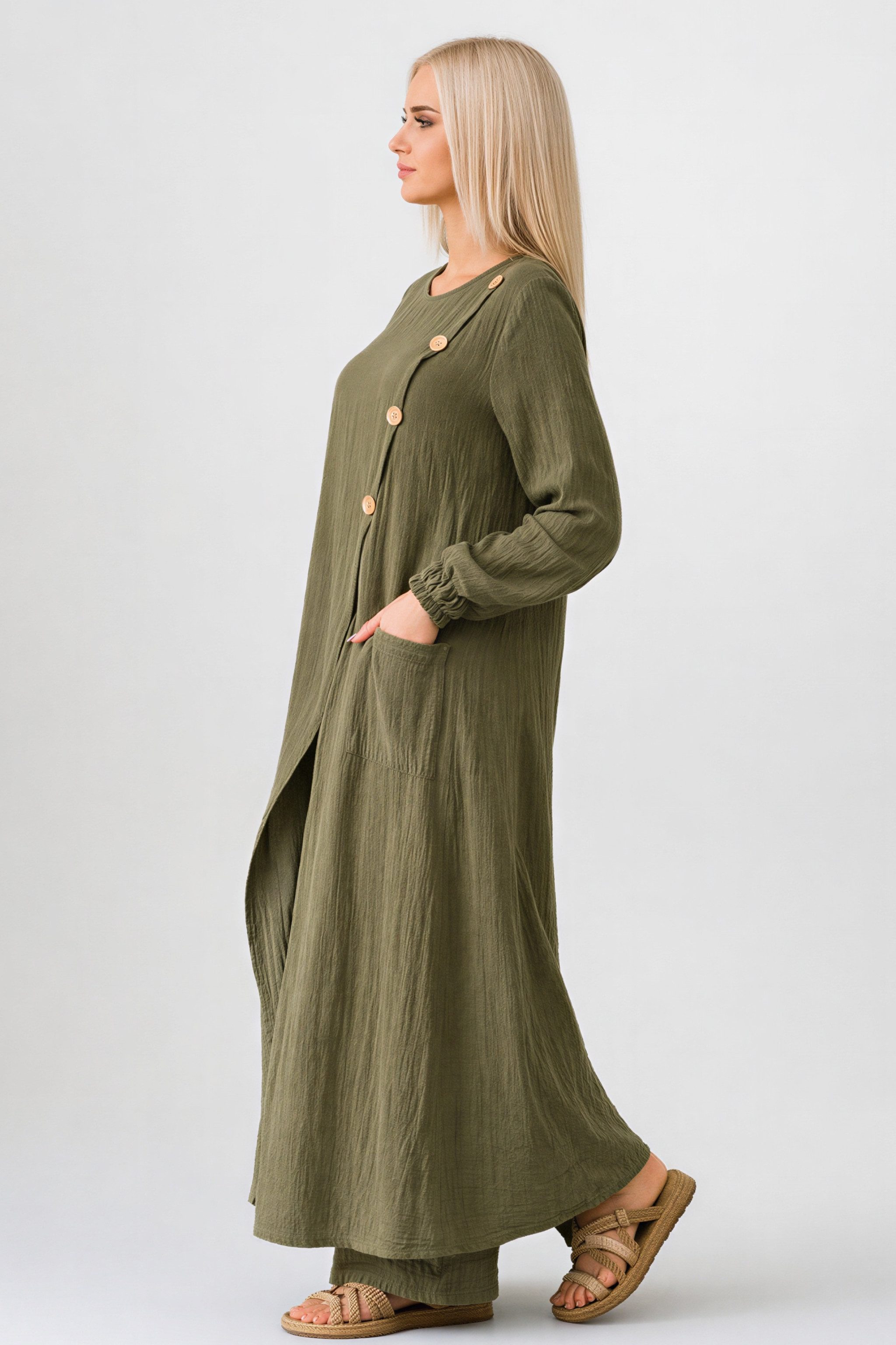 WENOR Longtunika Musselin mit Frontschlitz, Knopfdetail, 100 % Baumwolle, 130 cm Frontschlitz, asymmetrisches Knopfdesign, extra lang