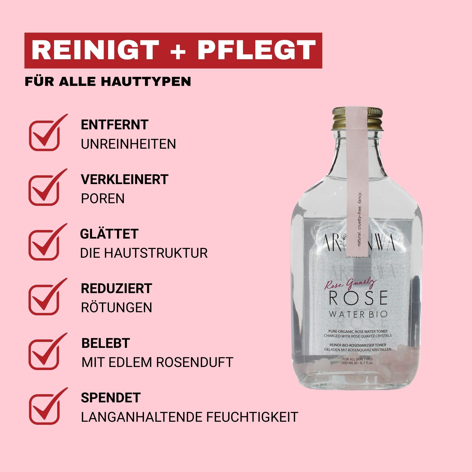 ARI ANWA Skincare Gesichtswasser Bio Rosenwasser Rosenquarz, Natürliches Gesichtswasser