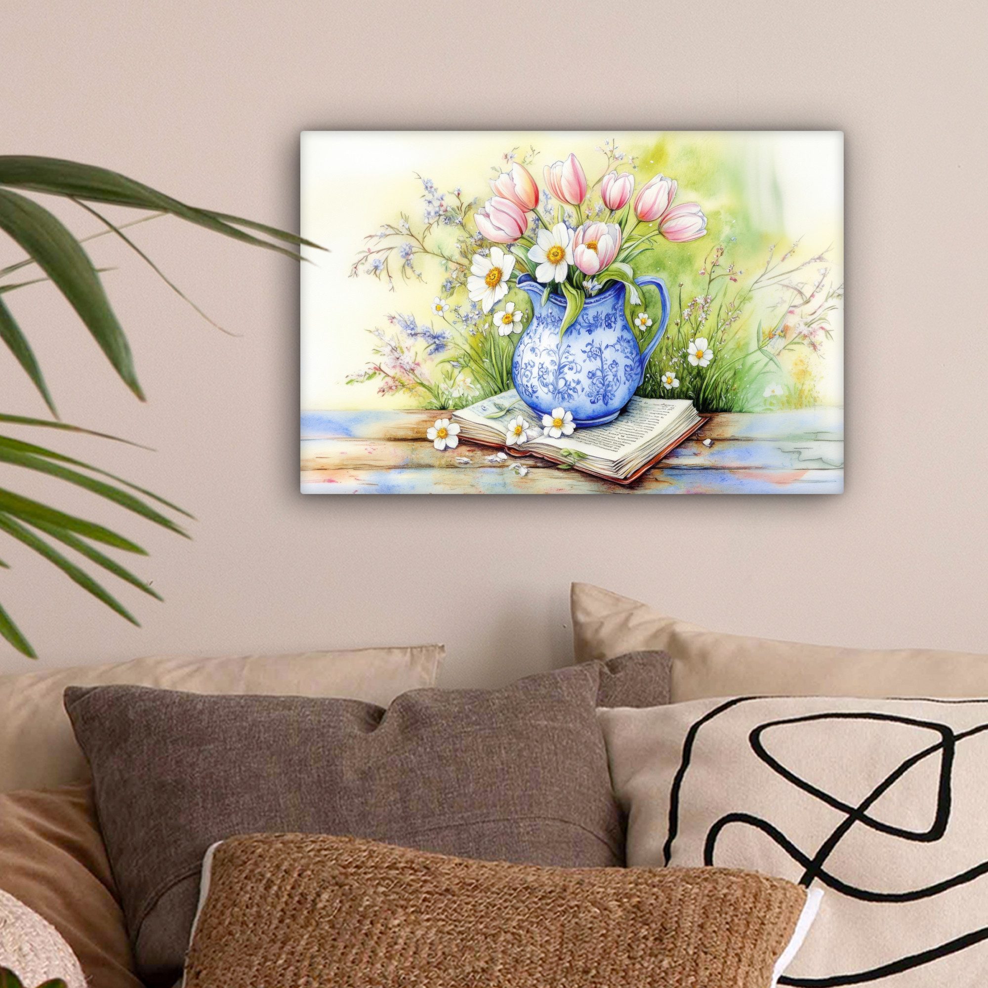 OneMillionCanvasses® Leinwandbild Vase - Delfter Blau - Gänseblümchen, Foto günstig online kaufen